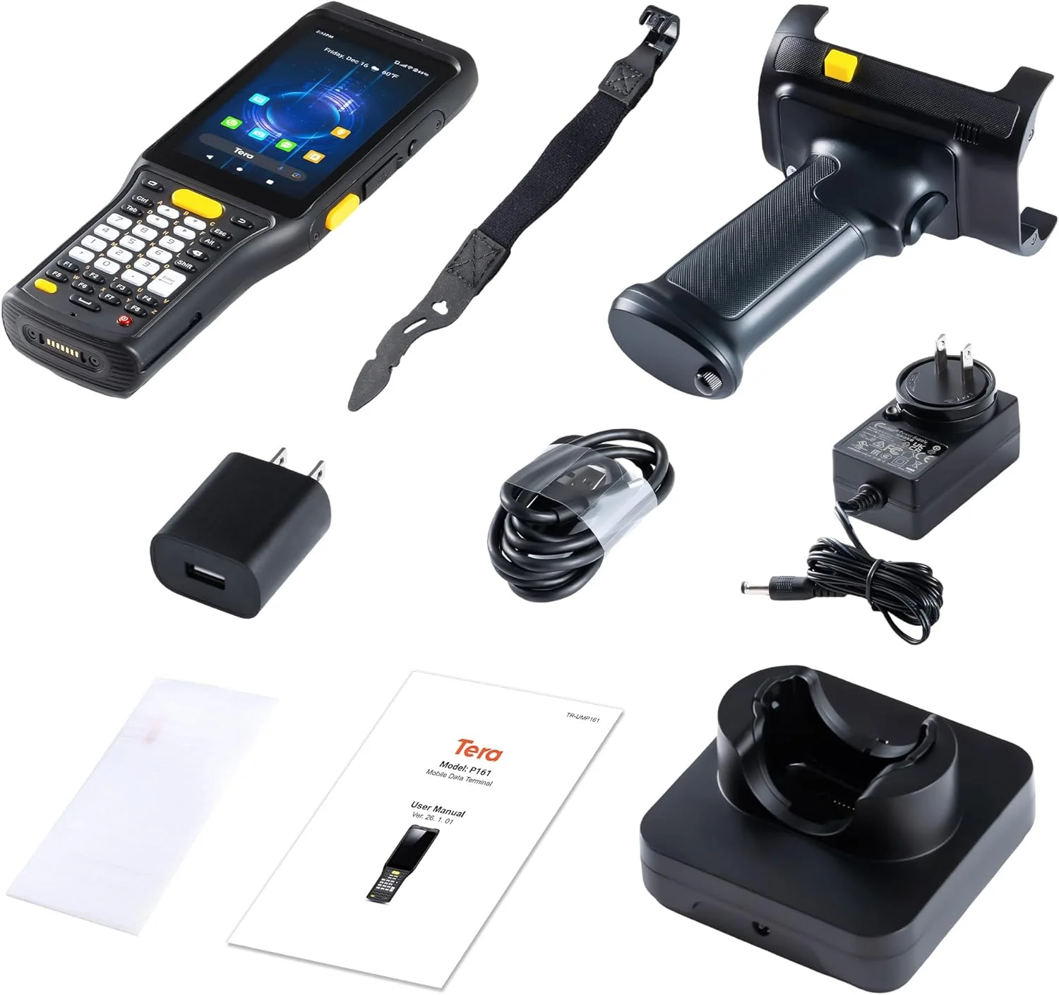 بارکد اسکنر اندروید Tera Pro: 37 کلید Zebra SE4750MR، برد اسکن 13 فوت، پردازنده Qualcomm، باتری 6700mAh با قابلیت تعویض سریع، اندروید 11، بارکدخوان دستی PDA 1D 2D QR، پایه شارژ، دسته تپانچه ای، 4G BT 5.0 Wi-Fi GPS P161