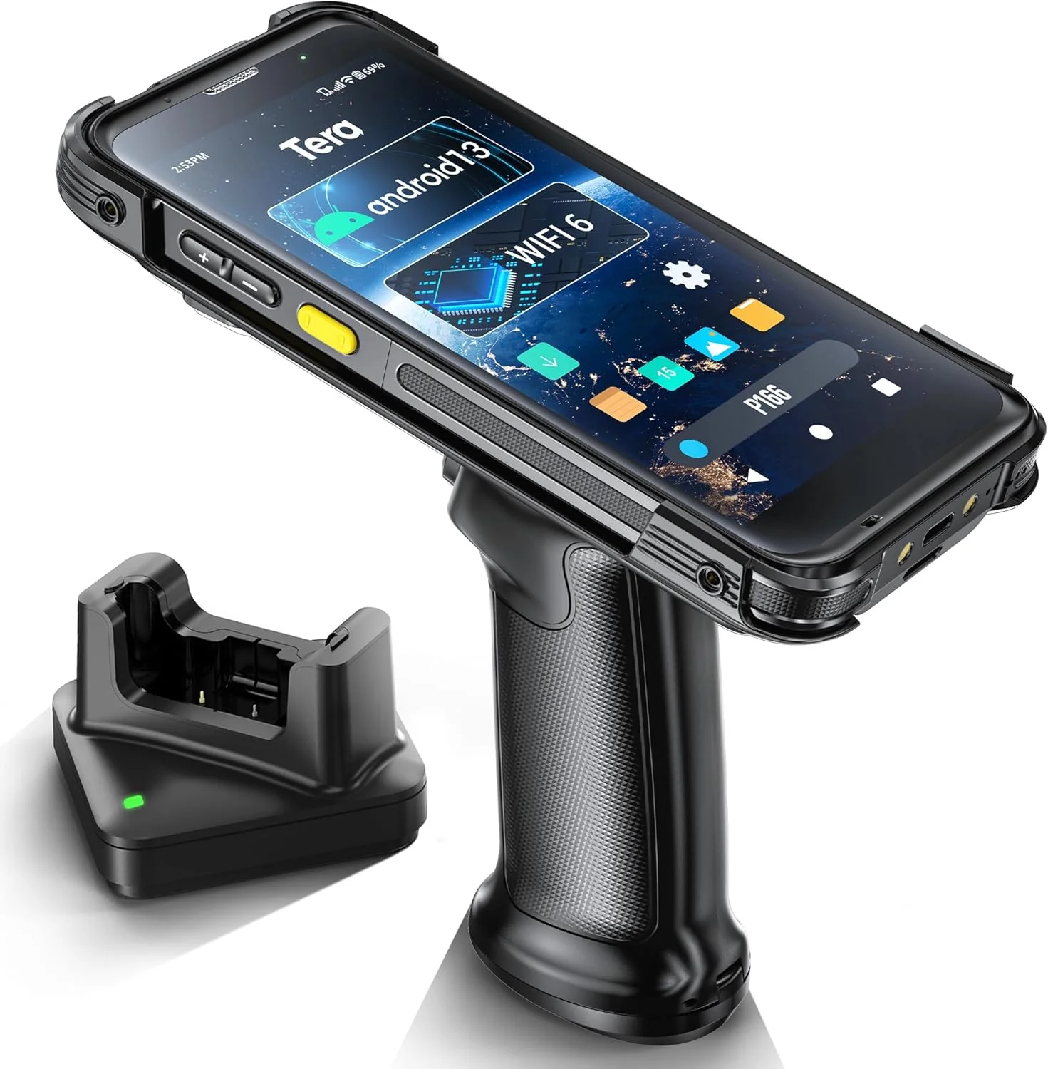 اسکنر بارکد Tera Android 13 با دسته تپانچه ای، پایه شارژ، Wi-Fi 6 ارتقا یافته، پردازنده Qualcomm، اسکنر Zebra، ترمینال داده PDA، صفحه لمسی 5.5 اینچی، IP65 مقاوم، 4G GPS BT برای مدیریت WMS مدل P166GC