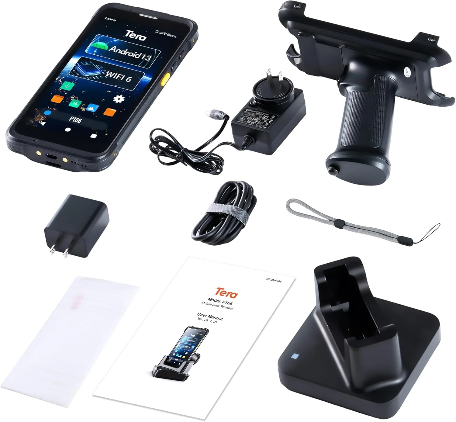 اسکنر بارکد Tera Android 13 با دسته تپانچه ای، پایه شارژ، Wi-Fi 6 ارتقا یافته، پردازنده Qualcomm، اسکنر Zebra، ترمینال داده PDA، صفحه لمسی 5.5 اینچی، IP65 مقاوم، 4G GPS BT برای مدیریت WMS مدل P166GC اسکنر بارکد Tera Android 13 با دسته تپانچه ای، پایه شارژ، Wi-Fi 6 ارتقا یافته، پردازنده Qualcomm، اسکنر Zebra، ترمینال داده PDA، صفحه لمسی 5.5 اینچی، IP65 مقاوم، 4G GPS BT برای مدیریت WMS مدل P166GC