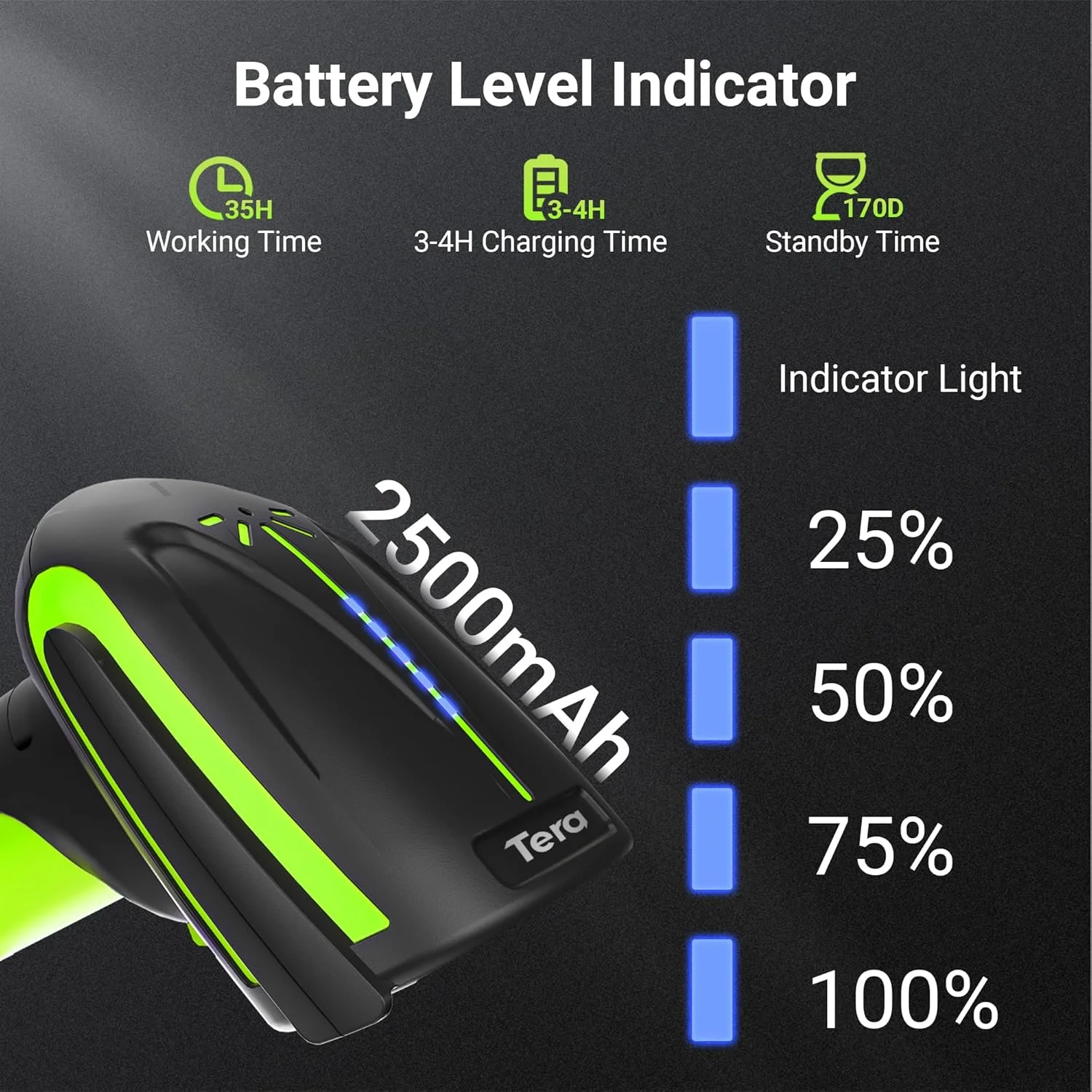 اسکنر بارکد Tera بی سیم 2D QR با پایه: نسخه حرفه ای نشانگر سطح باتری 2500mAh بارکد خوان درجه صنعتی کار با بلوتوث 2.4G برای ویندوز مک اندروید iOS 8100 Pro سبز