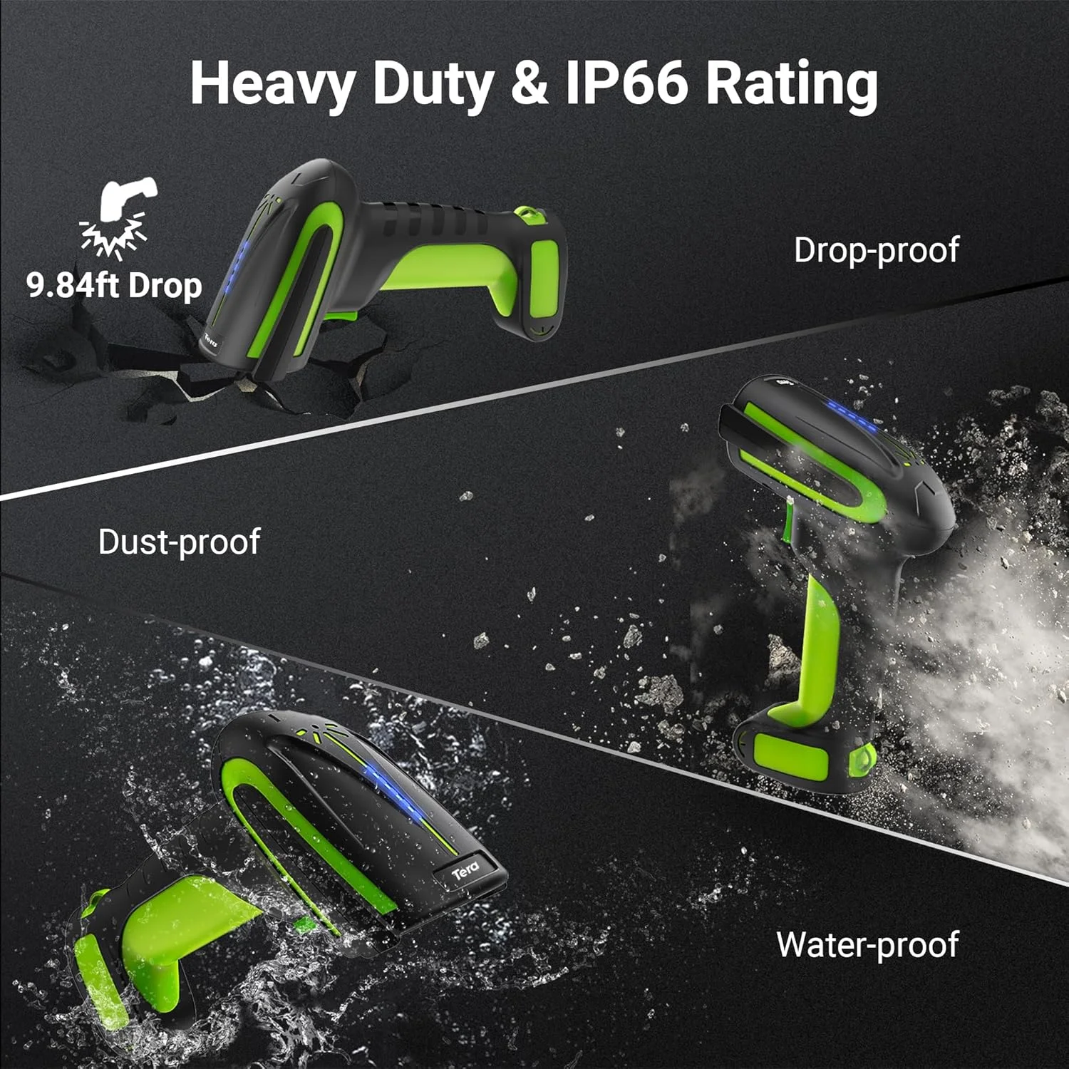 اسکنر بارکد Tera بی سیم 2D QR با پایه: نسخه حرفه ای نشانگر سطح باتری 2500mAh بارکد خوان درجه صنعتی کار با بلوتوث 2.4G برای ویندوز مک اندروید iOS 8100 Pro سبز