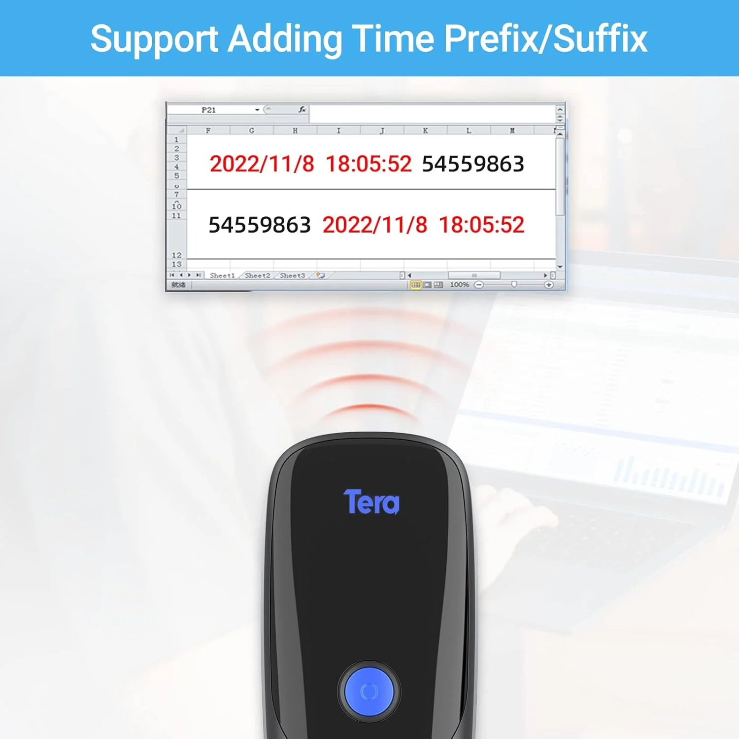 بارکد خوان Tera Pro Extreme Performance بی سیم 1D 2D QR مینی قابل حمل کوچک 3 در 1 سازگار با بلوتوث و بی سیم 2.4G و USB سیمی جیبی دستی با قابلیت ثبت زمان مدل 1300