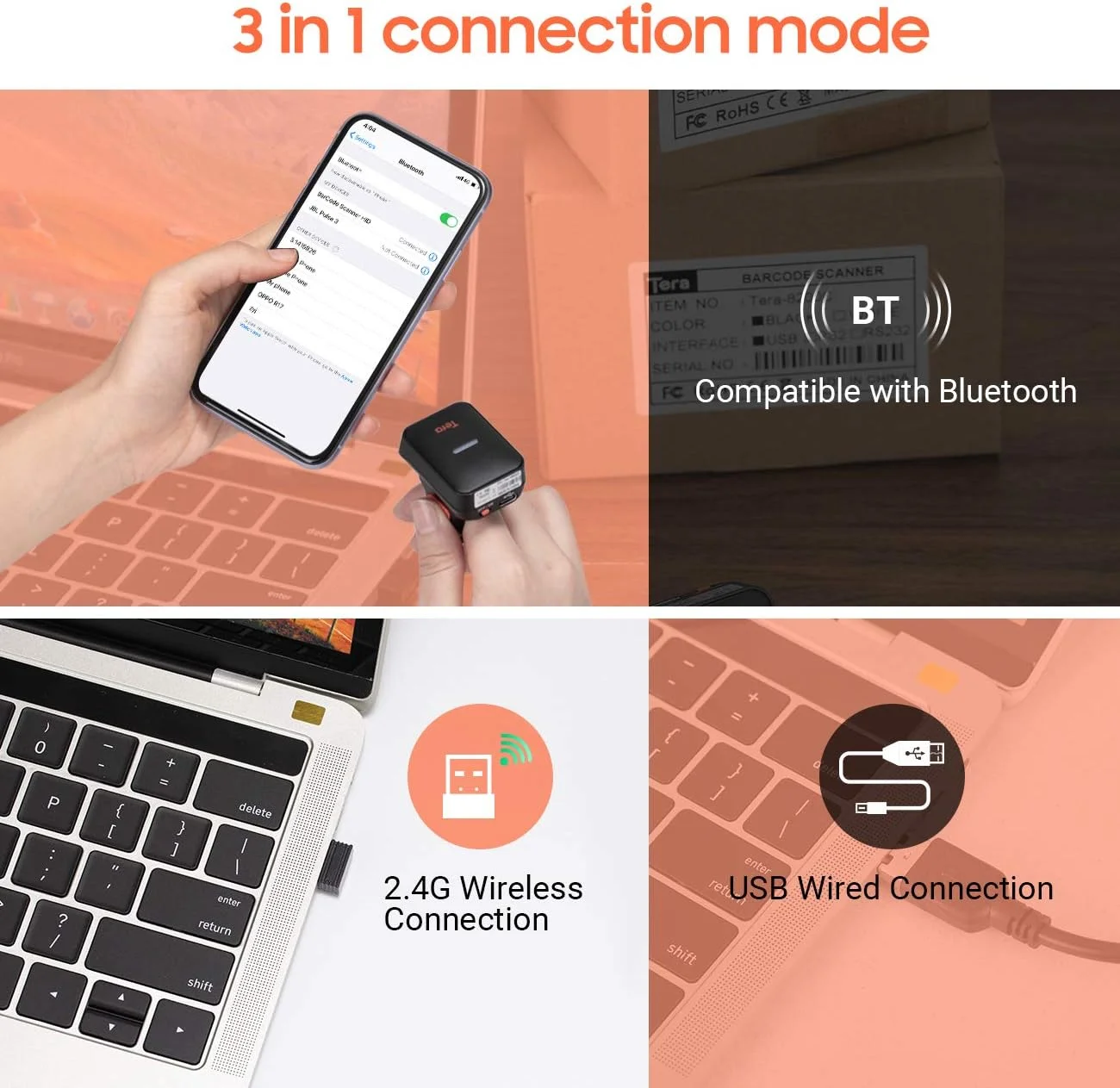 اسکنر بارکد انگشتی بی سیم Tera Pro با عملکرد فوق العاده، اسکن سریع 1D 2D QR با بلوتوث، رزولوشن بسیار بالا، مدل HW0010