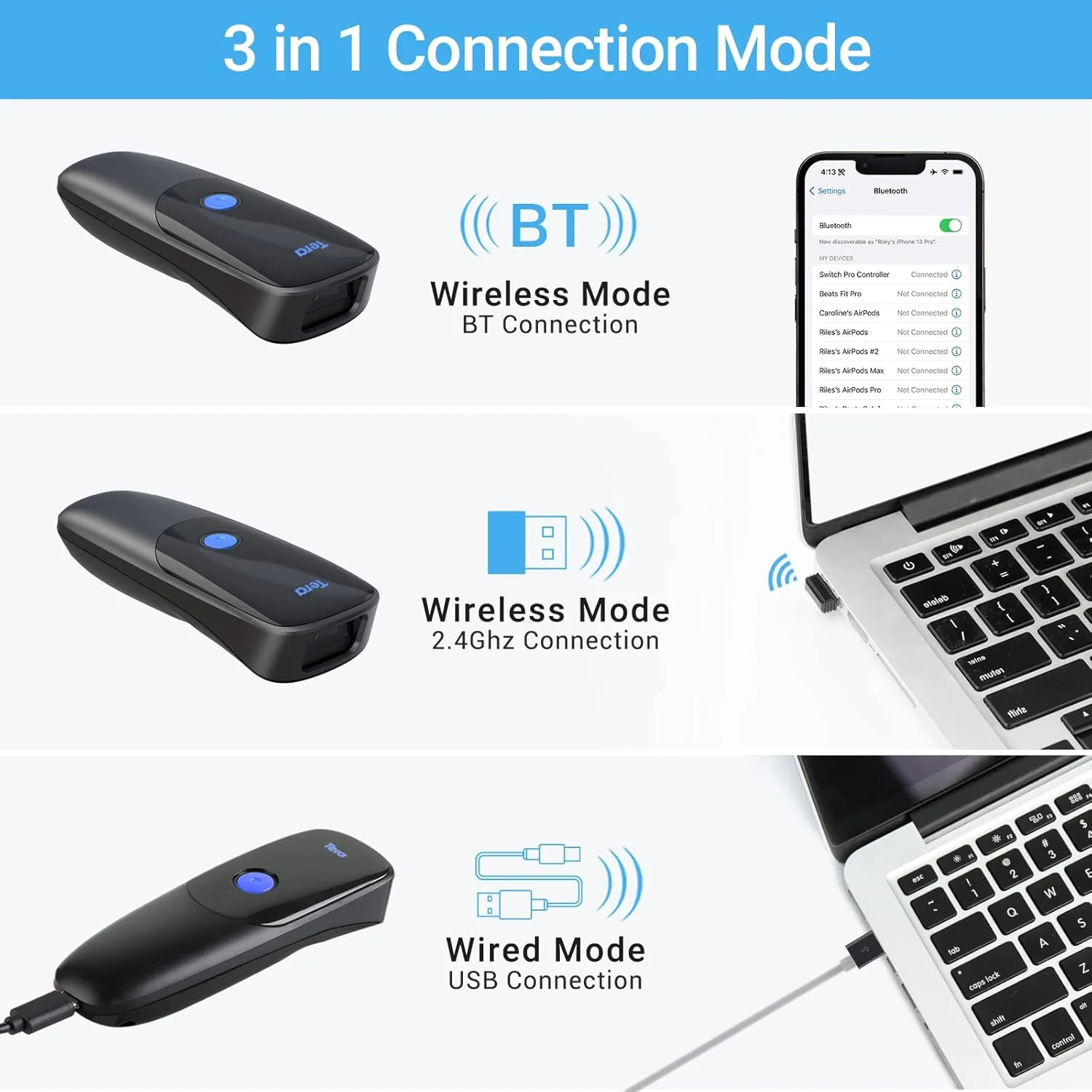 بارکد خوان Tera Pro Extreme Performance بی سیم 1D 2D QR مینی قابل حمل کوچک 3 در 1 سازگار با بلوتوث و بی سیم 2.4G و USB سیمی جیبی دستی با قابلیت ثبت زمان مدل 1300