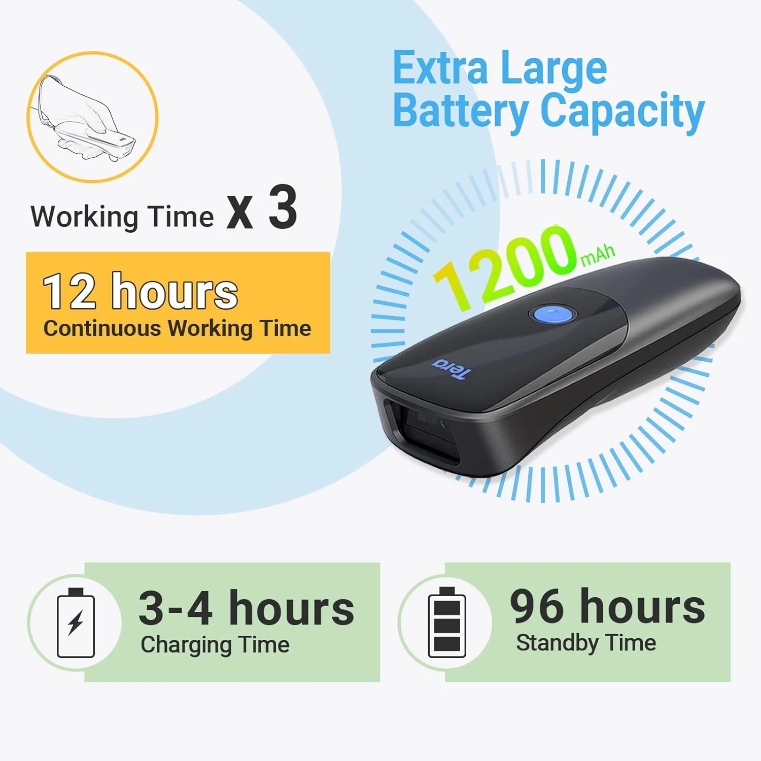 بارکد خوان Tera Pro Extreme Performance بی سیم 1D 2D QR مینی قابل حمل کوچک 3 در 1 سازگار با بلوتوث و بی سیم 2.4G و USB سیمی جیبی دستی با قابلیت ثبت زمان مدل 1300
