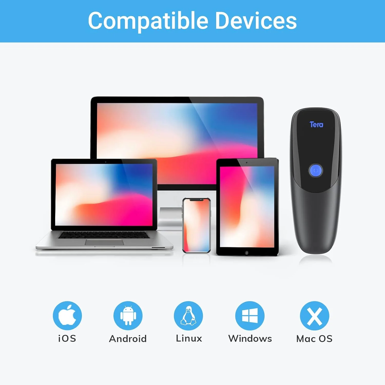 بارکد خوان Tera Pro Extreme Performance بی سیم 1D 2D QR مینی قابل حمل کوچک 3 در 1 سازگار با بلوتوث و بی سیم 2.4G و USB سیمی جیبی دستی با قابلیت ثبت زمان مدل 1300