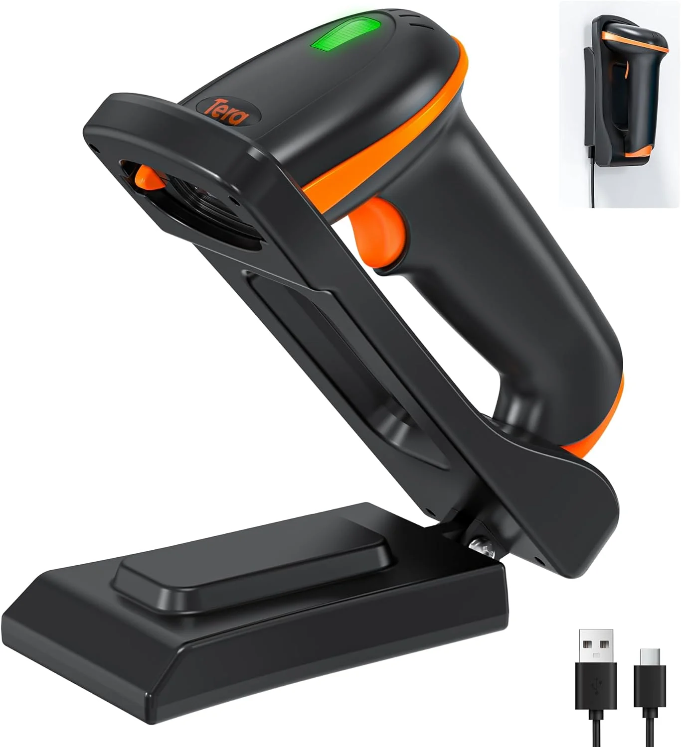 اسکنر بارکد دوبعدی Tera با پایه تاشو قابل تنظیم و پایه شارژ، بارکد خوان QR بی سیم 2.4G و USB 2.0 سیمی قابل نصب روی دیوار با هشدار لرزشی مدل D5100-Fold