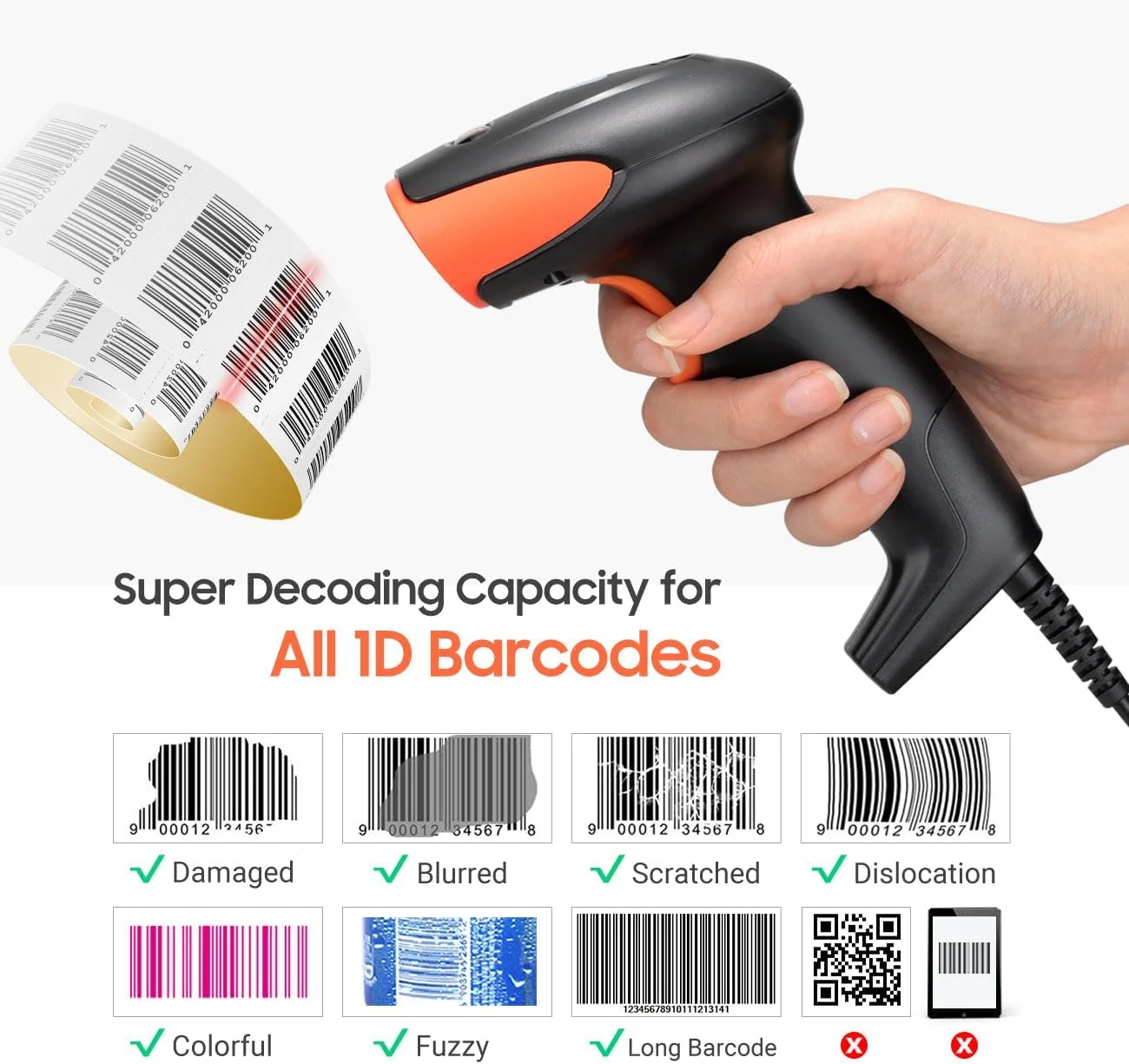اسکنر بارکد Tera Pro با پایه USB سیمی 1D اسکنر بارکد دستی اسکن لیزری فوق العاده سریع، دقیق و هوشمند برای بارکدهای فوق العاده بلند اسکنر بارکد Tera Pro با پایه USB سیمی 1D اسکنر بارکد دستی اسکن لیزری فوق العاده سریع، دقیق و هوشمند برای بارکدهای فوق العاده بلند