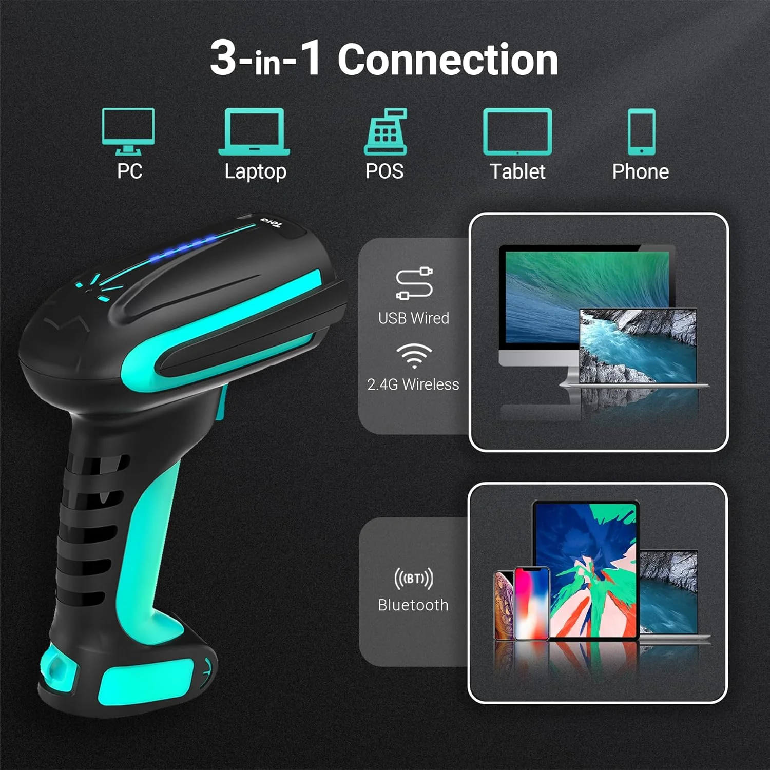 بارکد خوان Tera Pro 3-in-1 با عملکرد فوق العاده، بارکد خوان بی سیم QR 2D 1D بلوتوث بی سیم 2.4G و USB-C سیمی صنعتی 1D، باتری 2500mAh، مقاومت عالی در برابر سقوط به همراه پایه مدل 8100 آبی بارکد خوان Tera Pro 3-in-1 با عملکرد فوق العاده، بارکد خوان بی سیم QR 2D 1D بلوتوث بی سیم 2.4G و USB-C سیمی صنعتی 1D، باتری 2500mAh، مقاومت عالی در برابر سقوط به همراه پایه مدل 8100 آبی