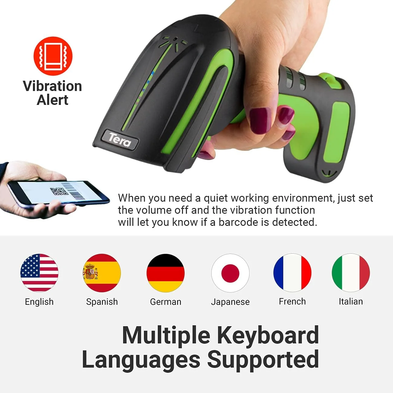 اسکنر بارکد بی سیم صنعتی Tera Pro (عملکرد فوق العاده) 2D QR 1D، بارکد خوان بی سیم 2.4G 2500mAh سازگار با بلوتوث، مقاوم در برابر سقوط برای ویندوز، مک، اندروید، iOS مدل 8100 سبز اسکنر بارکد بی سیم صنعتی Tera Pro (عملکرد فوق العاده) 2D QR 1D، بارکد خوان بی سیم 2.4G 2500mAh سازگار با بلوتوث، مقاوم در برابر سقوط برای ویندوز، مک، اندروید، iOS مدل 8100 سبز