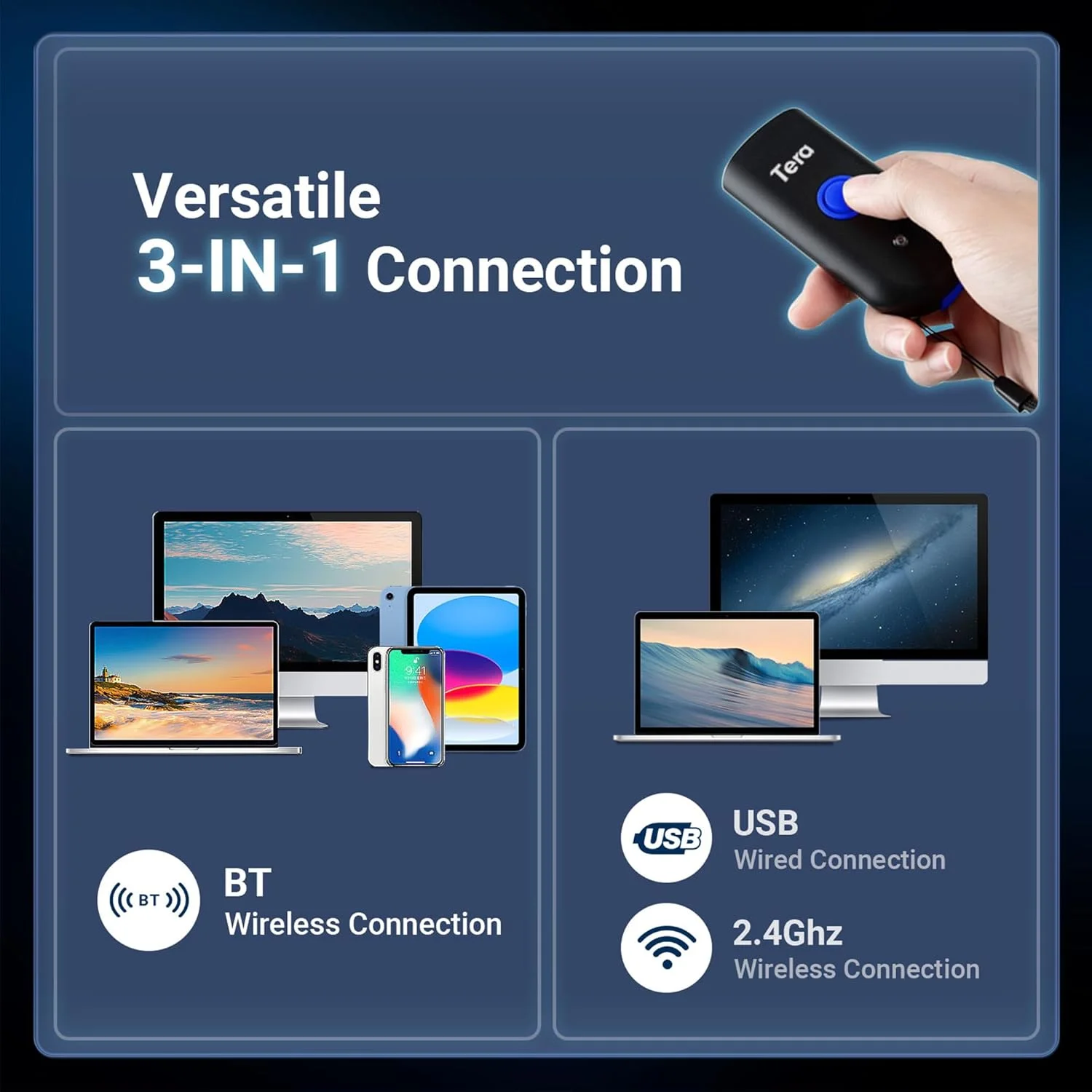بارکد خوان لیزری تک بعدی بلوتوثی Tera Mini، بارکد خوان قابل حمل 3 در 1 USB سیمی و بی سیم 2.4G و بلوتوث سازگار با IOS، MAC OS، Android، تبلت ها بارکد خوان لیزری تک بعدی بلوتوثی Tera Mini، بارکد خوان قابل حمل 3 در 1 USB سیمی و بی سیم 2.4G و بلوتوث سازگار با IOS، MAC OS، Android، تبلت ها