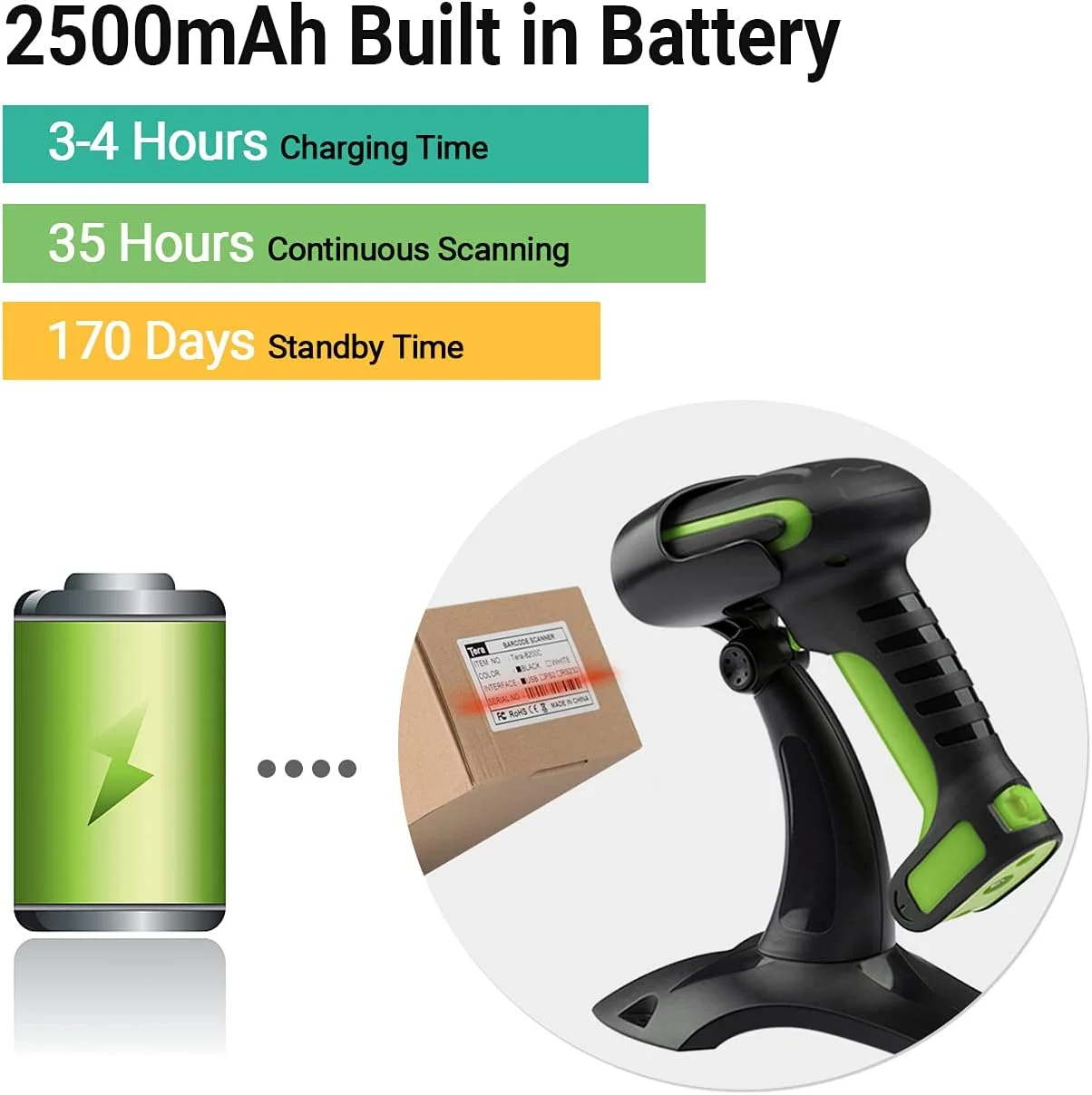 اسکنر بارکد بی سیم صنعتی Tera Pro (عملکرد فوق العاده) 2D QR 1D، بارکد خوان بی سیم 2.4G 2500mAh سازگار با بلوتوث، مقاوم در برابر سقوط برای ویندوز، مک، اندروید، iOS مدل 8100 سبز اسکنر بارکد بی سیم صنعتی Tera Pro (عملکرد فوق العاده) 2D QR 1D، بارکد خوان بی سیم 2.4G 2500mAh سازگار با بلوتوث، مقاوم در برابر سقوط برای ویندوز، مک، اندروید، iOS مدل 8100 سبز