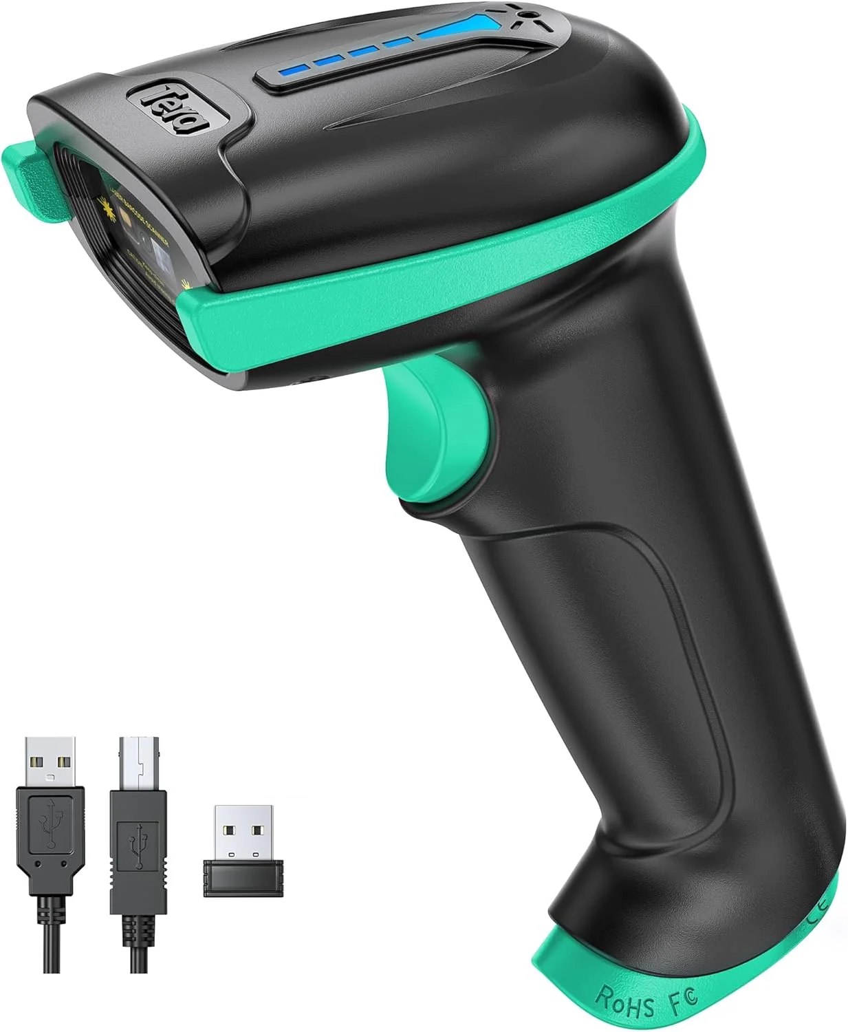 اسکنر بارکد 1D بی سیم Tera با نشانگر سطح باتری، همه کاره 2 در 1 (بی سیم 2.4 گیگاهرتز + USB 2.0 سیمی)، فاصله انتقال 328 فوت، بارکد خوان قابل شارژ USB دستی
