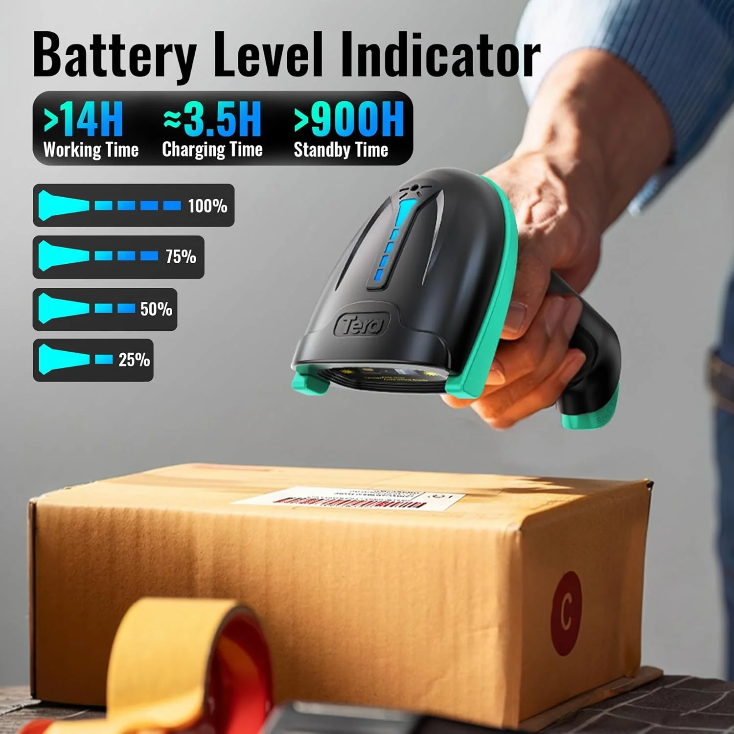 اسکنر بارکد 1D بی سیم Tera با نشانگر سطح باتری، همه کاره 2 در 1 (بی سیم 2.4 گیگاهرتز + USB 2.0 سیمی)، فاصله انتقال 328 فوت، بارکد خوان قابل شارژ USB دستی