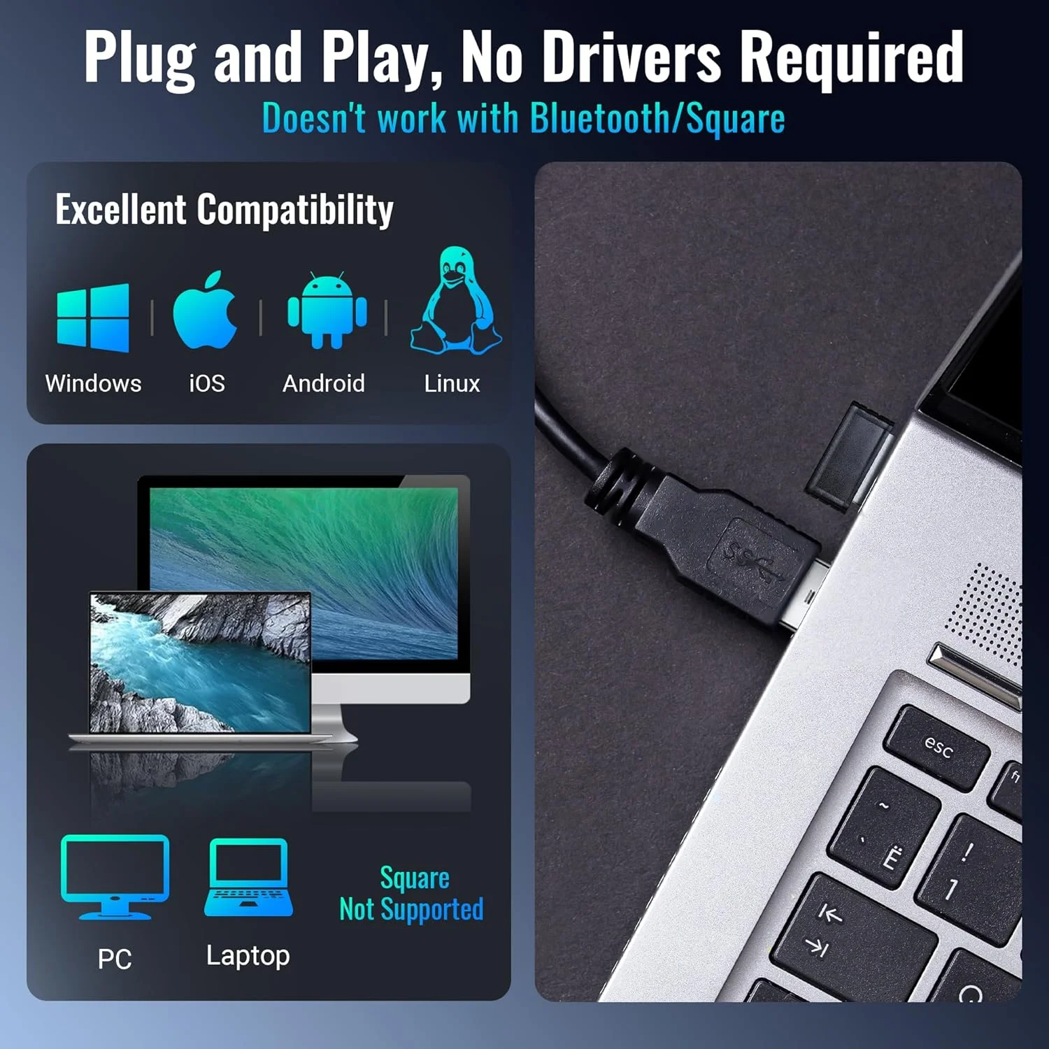 اسکنر بارکد 1D بی سیم Tera با نشانگر سطح باتری، همه کاره 2 در 1 (بی سیم 2.4 گیگاهرتز + USB 2.0 سیمی)، فاصله انتقال 328 فوت، بارکد خوان قابل شارژ USB دستی