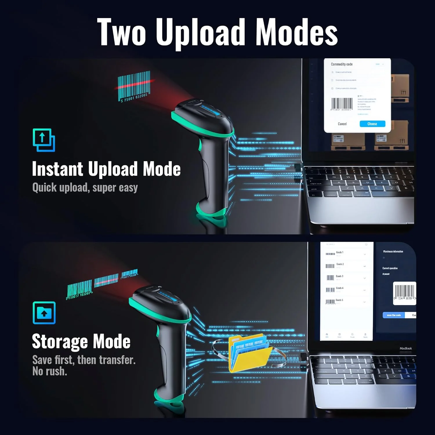 اسکنر بارکد 1D بی سیم Tera با نشانگر سطح باتری، همه کاره 2 در 1 (بی سیم 2.4 گیگاهرتز + USB 2.0 سیمی)، فاصله انتقال 328 فوت، بارکد خوان قابل شارژ USB دستی