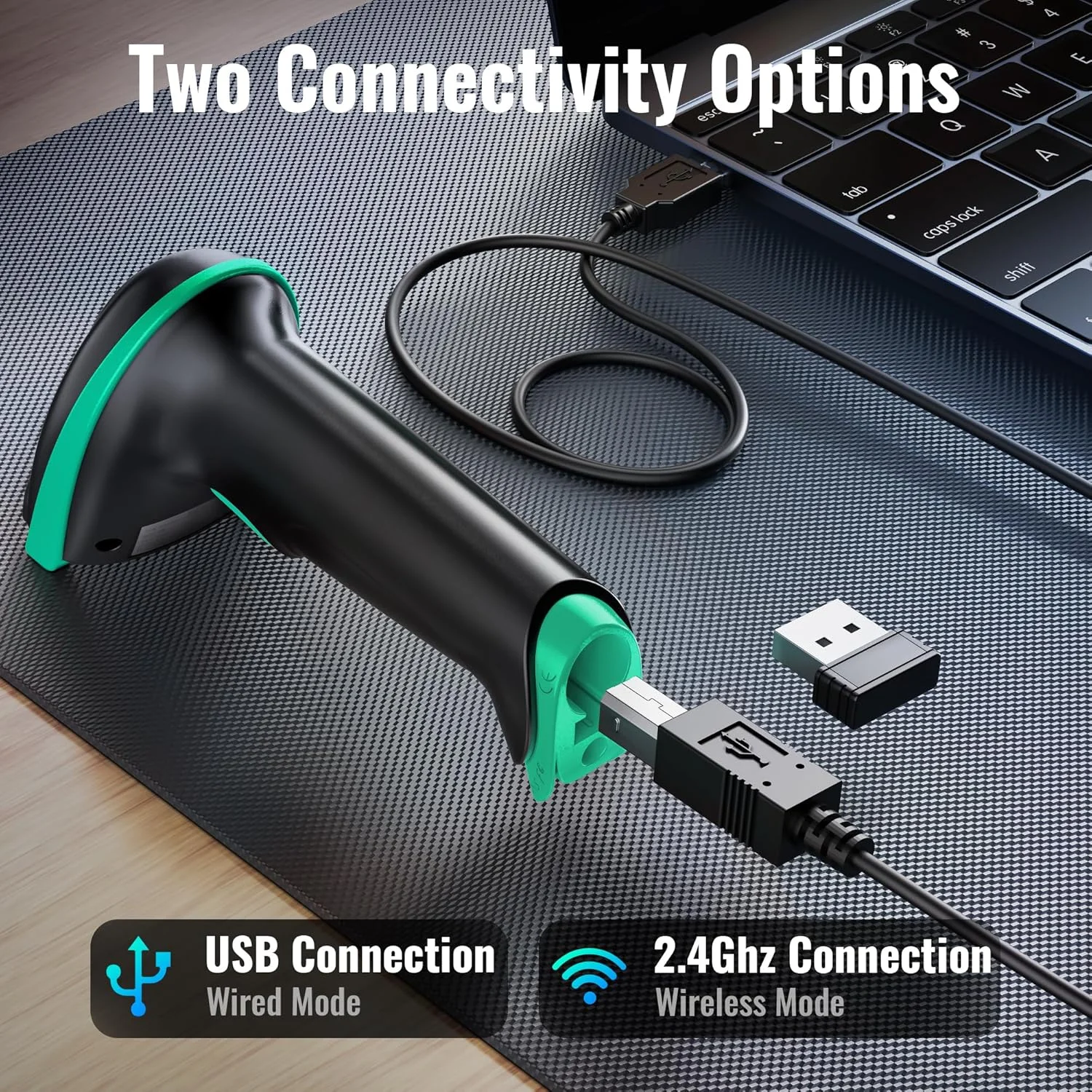 اسکنر بارکد 1D بی سیم Tera با نشانگر سطح باتری، همه کاره 2 در 1 (بی سیم 2.4 گیگاهرتز + USB 2.0 سیمی)، فاصله انتقال 328 فوت، بارکد خوان قابل شارژ USB دستی
