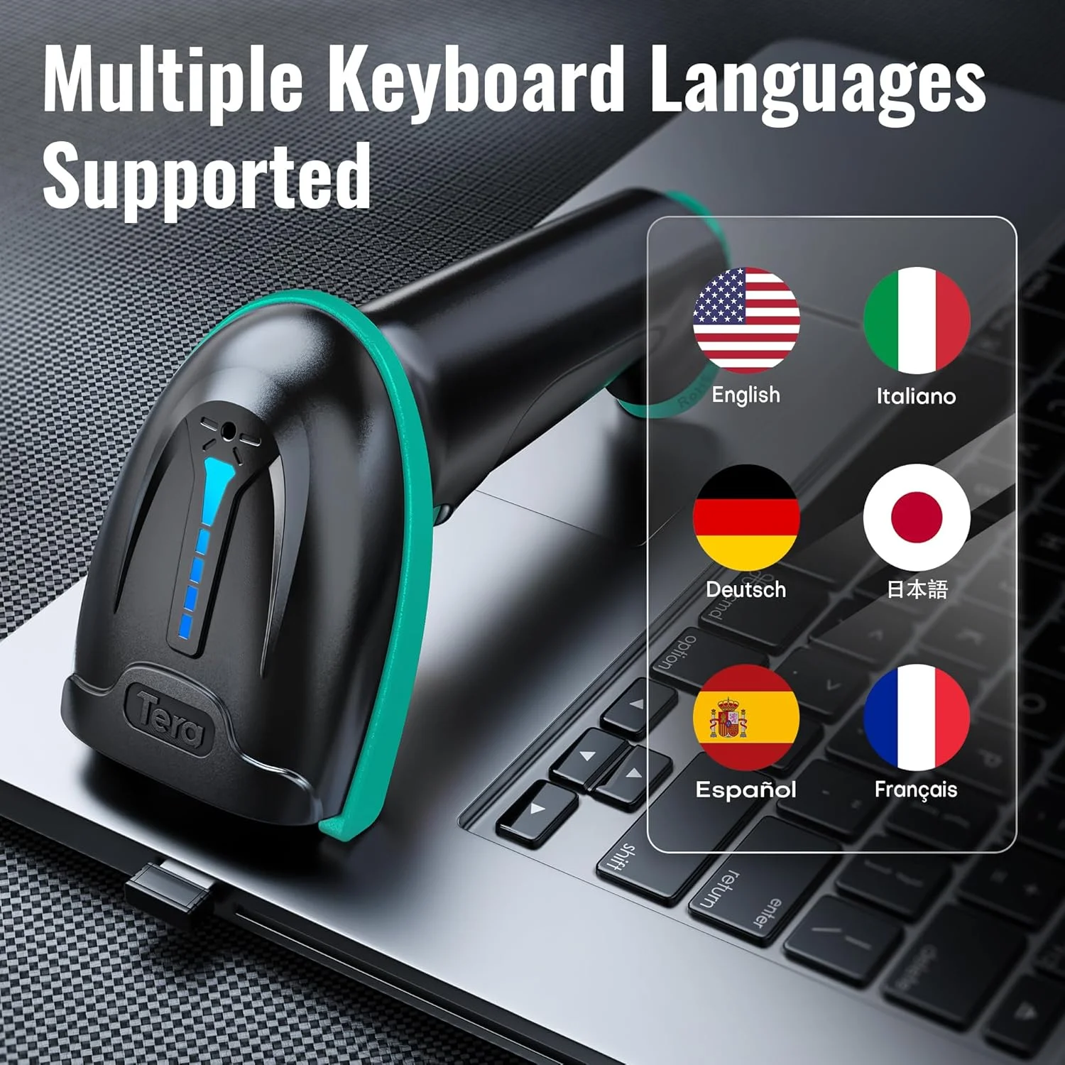 اسکنر بارکد 1D بی سیم Tera با نشانگر سطح باتری، همه کاره 2 در 1 (بی سیم 2.4 گیگاهرتز + USB 2.0 سیمی)، فاصله انتقال 328 فوت، بارکد خوان قابل شارژ USB دستی