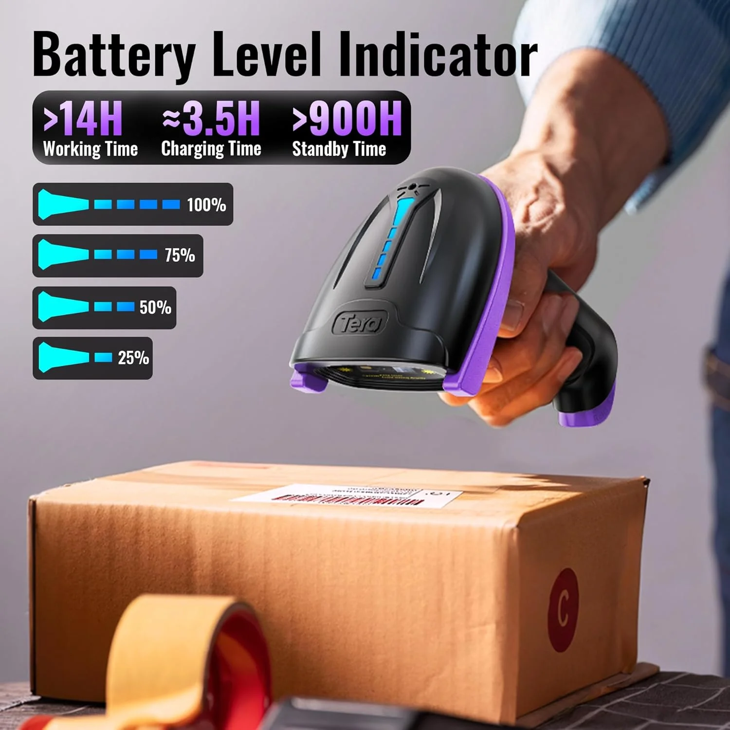 اسکنر بارکد بی سیم Tera مدل 2-in-1 (بی سیم 2.4 گیگاهرتز + USB 2.0 سیمی) با نشانگر سطح باتری، فاصله انتقال 328 فوت، بارکد خوان لیزری 1D قابل شارژ دستی 5100E بنفش اسکنر بارکد بی سیم Tera مدل 2-in-1 (بی سیم 2.4 گیگاهرتز + USB 2.0 سیمی) با نشانگر سطح باتری، فاصله انتقال 328 فوت، بارکد خوان لیزری 1D قابل شارژ دستی 5100E بنفش