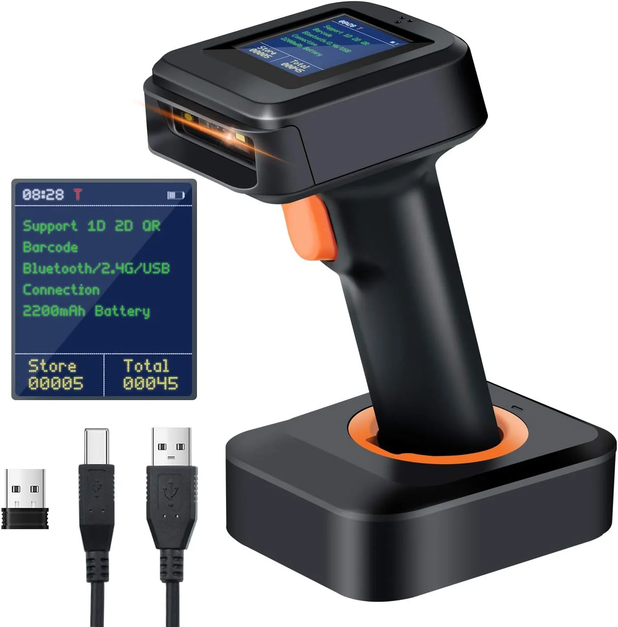 اسکنر بارکد دوبعدی QR بی سیم Tera با صفحه نمایش و پایه شارژ، سازگار با بلوتوث و بارکد خوان دستی بی سیم 2.4G 1D شماره ثبت اختراع 90078251950003