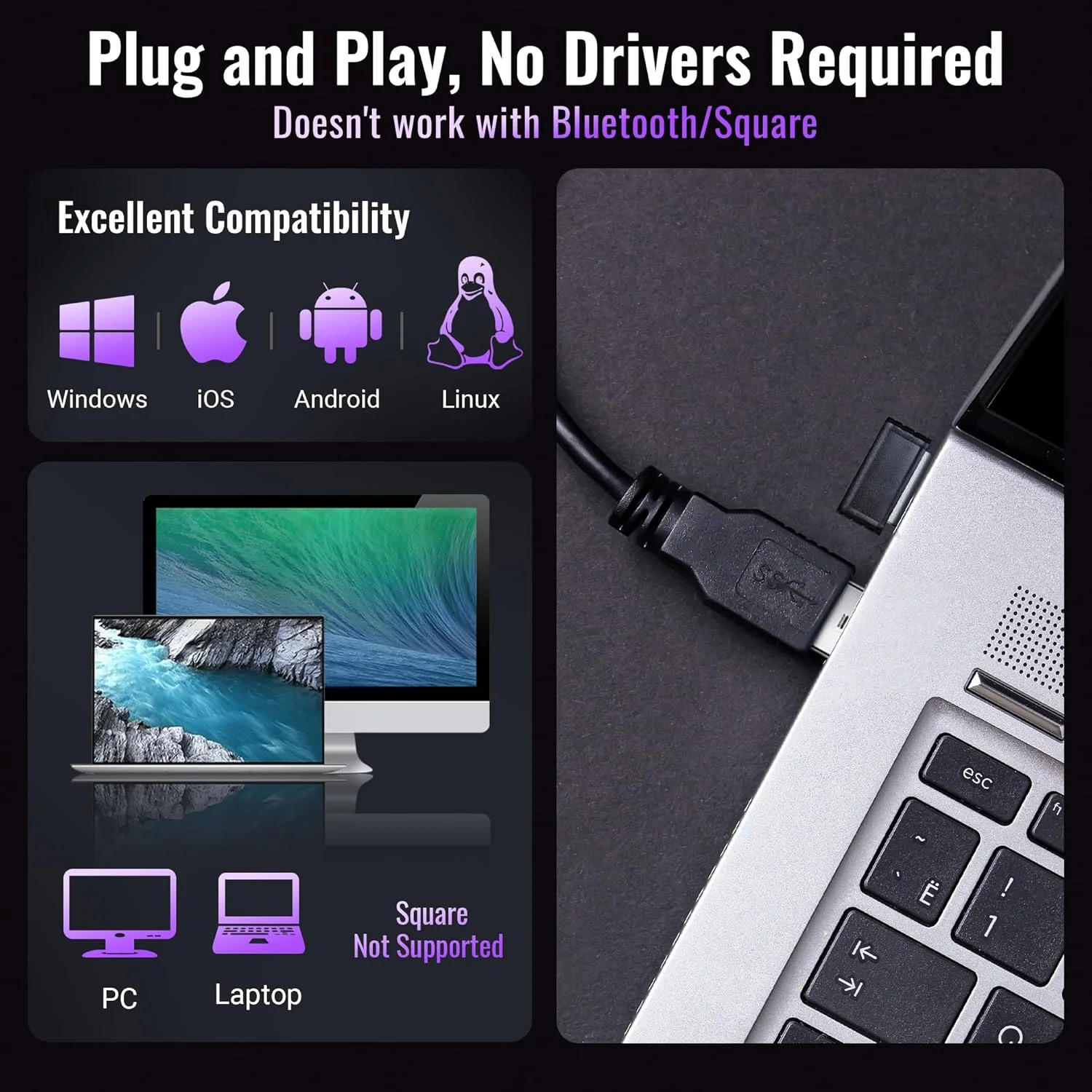 اسکنر بارکد بی سیم Tera مدل 2-in-1 (بی سیم 2.4 گیگاهرتز + USB 2.0 سیمی) با نشانگر سطح باتری، فاصله انتقال 328 فوت، بارکد خوان لیزری 1D قابل شارژ دستی 5100E بنفش اسکنر بارکد بی سیم Tera مدل 2-in-1 (بی سیم 2.4 گیگاهرتز + USB 2.0 سیمی) با نشانگر سطح باتری، فاصله انتقال 328 فوت، بارکد خوان لیزری 1D قابل شارژ دستی 5100E بنفش