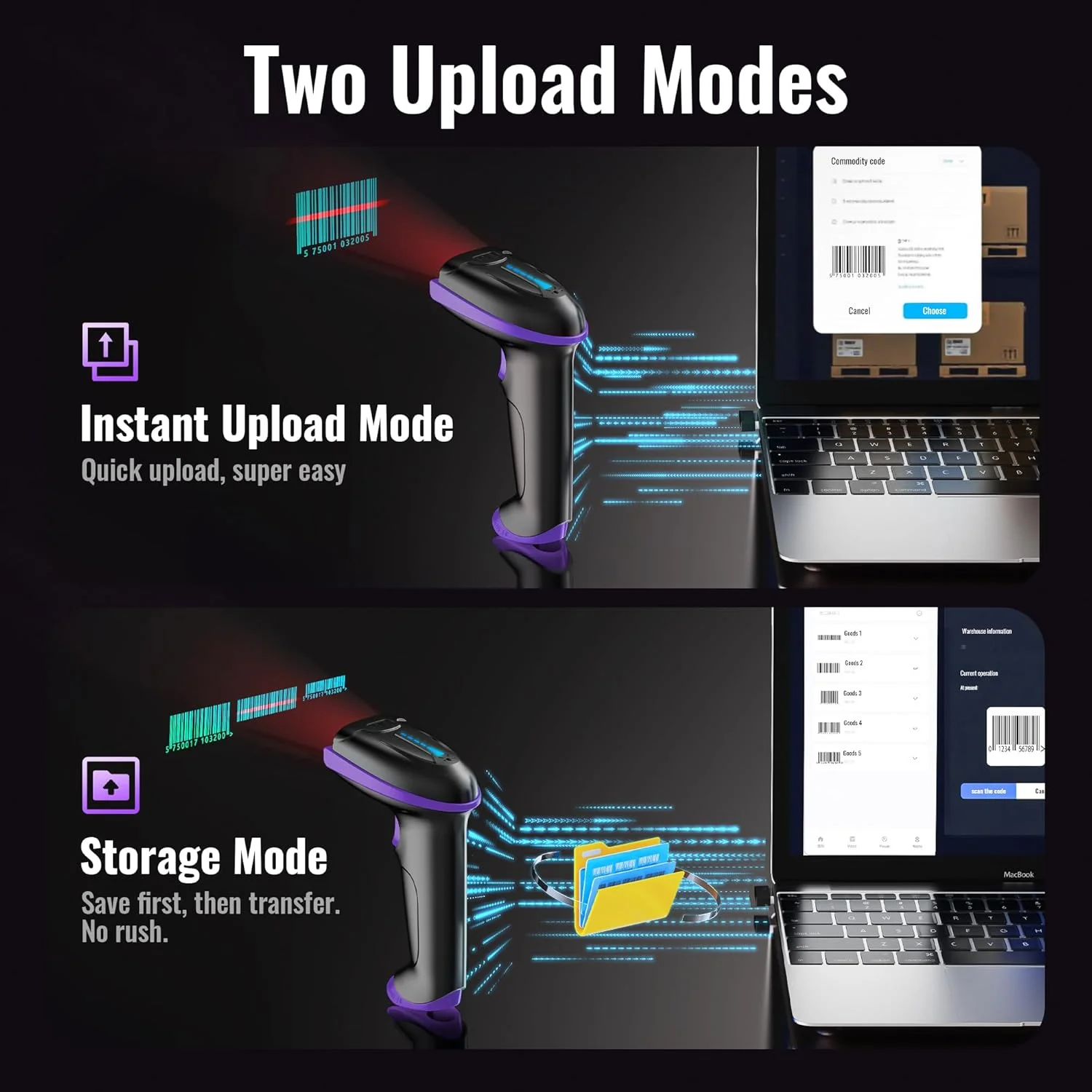 اسکنر بارکد بی سیم Tera مدل 2-in-1 (بی سیم 2.4 گیگاهرتز + USB 2.0 سیمی) با نشانگر سطح باتری، فاصله انتقال 328 فوت، بارکد خوان لیزری 1D قابل شارژ دستی 5100E بنفش اسکنر بارکد بی سیم Tera مدل 2-in-1 (بی سیم 2.4 گیگاهرتز + USB 2.0 سیمی) با نشانگر سطح باتری، فاصله انتقال 328 فوت، بارکد خوان لیزری 1D قابل شارژ دستی 5100E بنفش