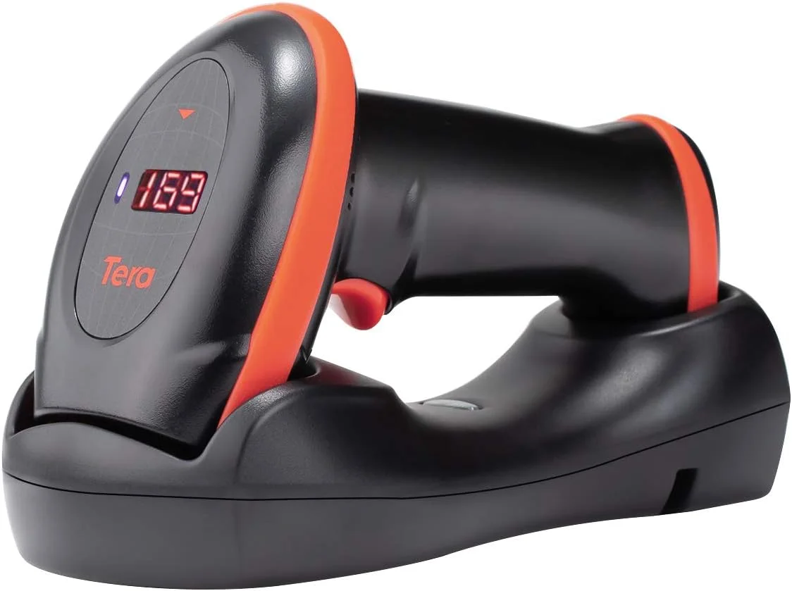 اسکنر بارکد دوبعدی Tera USB سیمی با پایه شارژ، بارکد خوان دستی بارکد های QR 1D 2D، 3 در 1 (پایه USB، پایه شارژ، گیرنده) با عملکرد بازنشانی و شمارش با یک کلید