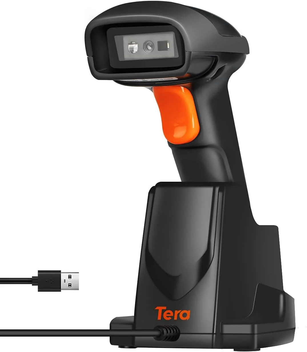 اسکنر بارکد دوبعدی QR Tera Pro با فرکانس 433 مگاهرتز، بی‌سیم، دستی، رومیزی، با پایه شارژ USB، سنسور 1 مگاپیکسلی و برد انتقال 100 متری فوق‌العاده سریع
