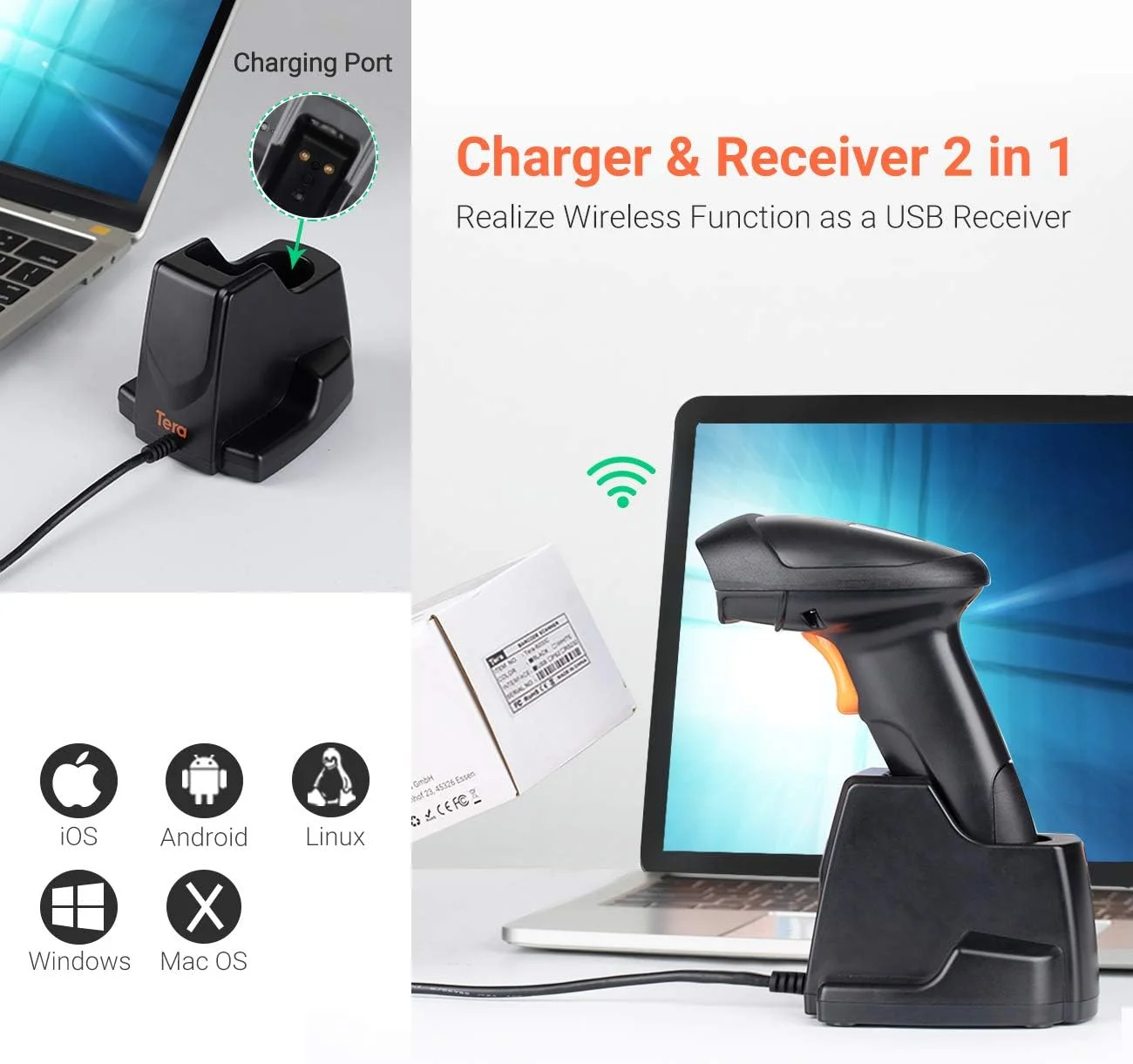 اسکنر بارکد دوبعدی QR Tera Pro با فرکانس 433 مگاهرتز، بیسیم، دستی، رومیزی، با پایه شارژ USB، سنسور 1 مگاپیکسلی و برد انتقال 100 متری فوقالعاده سریع اسکنر بارکد دوبعدی QR Tera Pro با فرکانس 433 مگاهرتز، بیسیم، دستی، رومیزی، با پایه شارژ USB، سنسور 1 مگاپیکسلی و برد انتقال 100 متری فوقالعاده سریع
