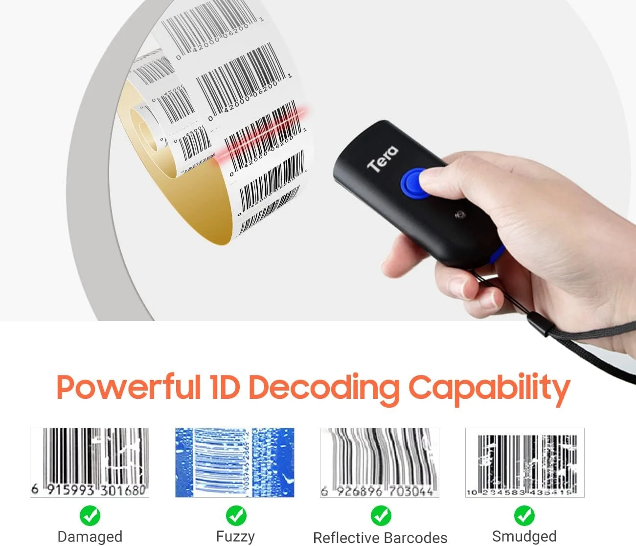 اسکنر بارکد بی سیم کوچک Tera سازگار با بلوتوث، اسکنر بارکد خوان QR 2D 1D دیجیتال چاپی قابل حمل برای رایانه شخصی، لپ تاپ، تلفن هوشمند و تبلت با عملکرد هشدار لرزشی مدل 1100 اسکنر بارکد بی سیم کوچک Tera سازگار با بلوتوث، اسکنر بارکد خوان QR 2D 1D دیجیتال چاپی قابل حمل برای رایانه شخصی، لپ تاپ، تلفن هوشمند و تبلت با عملکرد هشدار لرزشی مدل 1100