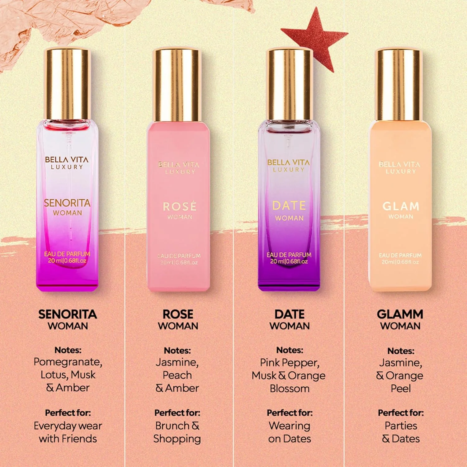 ست هدیه عطر زنانه BellaVita Luxury | شامل عطرهای DATE، Senorita، GLAM، ROSE | رایحه های ماندگار گلی، میوه ای و خوش طعم | ست هدیه برای زنان | مجموعه ویژه زنان (4x20ml)