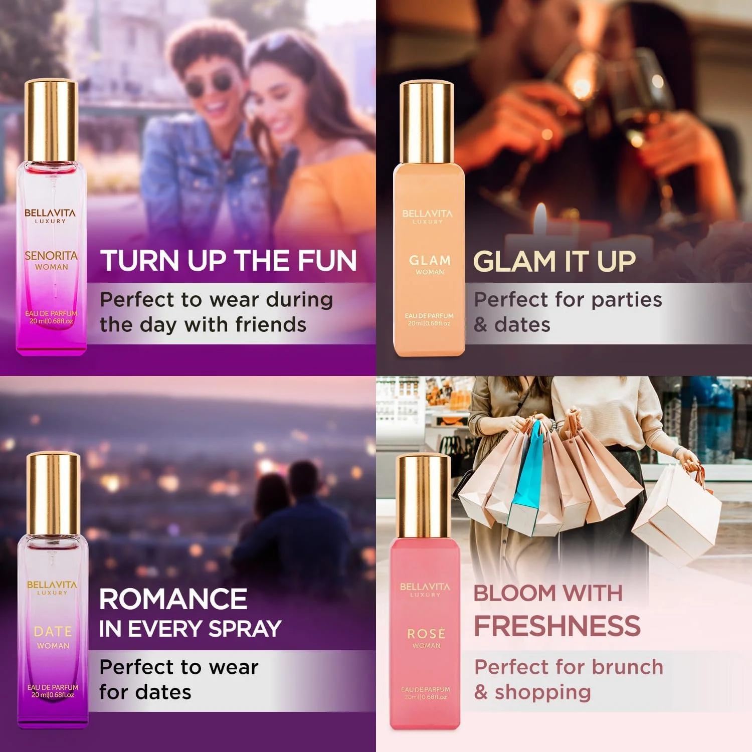 ست هدیه عطر زنانه BellaVita Luxury | شامل عطرهای DATE، Senorita، GLAM، ROSE | رایحه های ماندگار گلی، میوه ای و خوش طعم | ست هدیه برای زنان | مجموعه ویژه زنان (4x20ml)