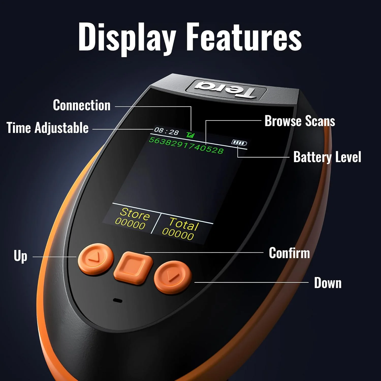 اسکنر بارکد Tera با صفحه نمایش تنظیمات دیجیتال و صفحه کلید، نسخه حرفه ای با سرعت اسکن فوق العاده سریع، کار با بلوتوث 2.4G بی سیم و USB سیمی، بارکد خوان تصویر دستی 1D 2D QR مدل HW0009