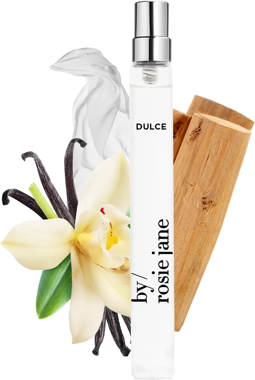 عطر جیبی رولی بای رزی جین (Dulce) - عطر پاکیزه زنانه - بادی میست غیر سمی با رایحه وانیل خامه ای، شکر قهوه ای و چوب هینوکی گرم - فاقد پارابن، سولفات و فتالات (10 میلی لیتر)