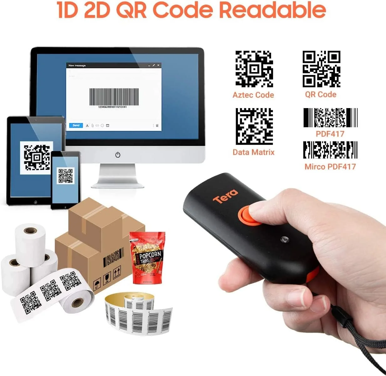 اسکنر بارکد بی سیم Tera Pro، اسکنر 2D مینی جیبی ضد آب و ضد ضربه، بارکد خوان 3 در 1 بلوتوث و USB سیمی و 2.4G اسکنر تصویر QR قابل حمل 2D سازگار با iOS، ویندوز، اندروید 1100D اسکنر بارکد بی سیم Tera Pro، اسکنر 2D مینی جیبی ضد آب و ضد ضربه، بارکد خوان 3 در 1 بلوتوث و USB سیمی و 2.4G اسکنر تصویر QR قابل حمل 2D سازگار با iOS، ویندوز، اندروید 1100D