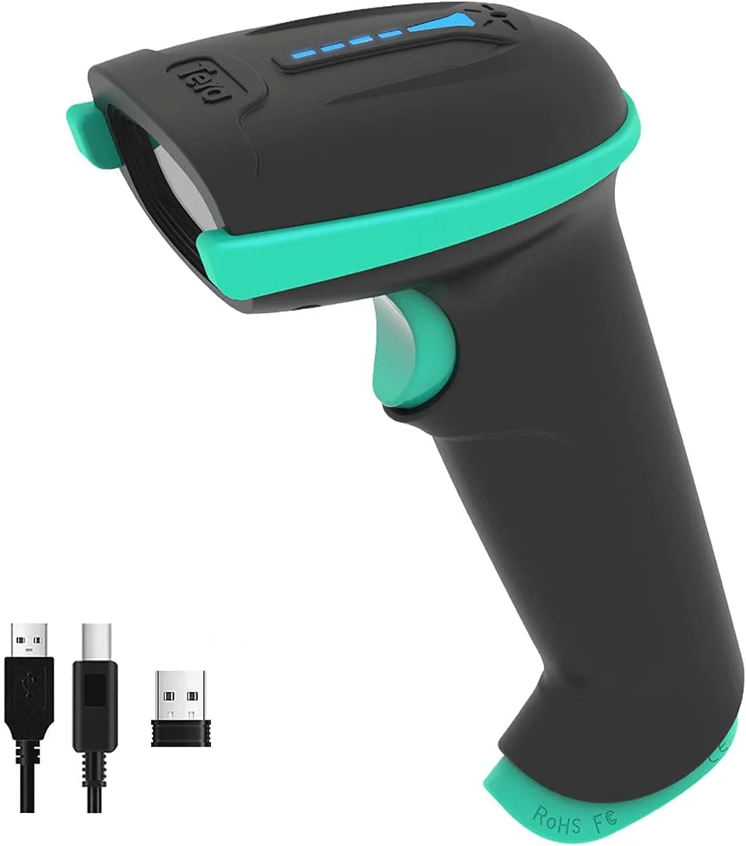 اسکنر بارکد بی سیم Tera 2-در-1 همه کاره (بی سیم 2.4 گیگاهرتز + USB 2.0 سیمی) با نشانگر سطح باتری، فاصله انتقال 328 فوت، بارکد خوان لیزری 1D قابل شارژ USB دستی (آبی)