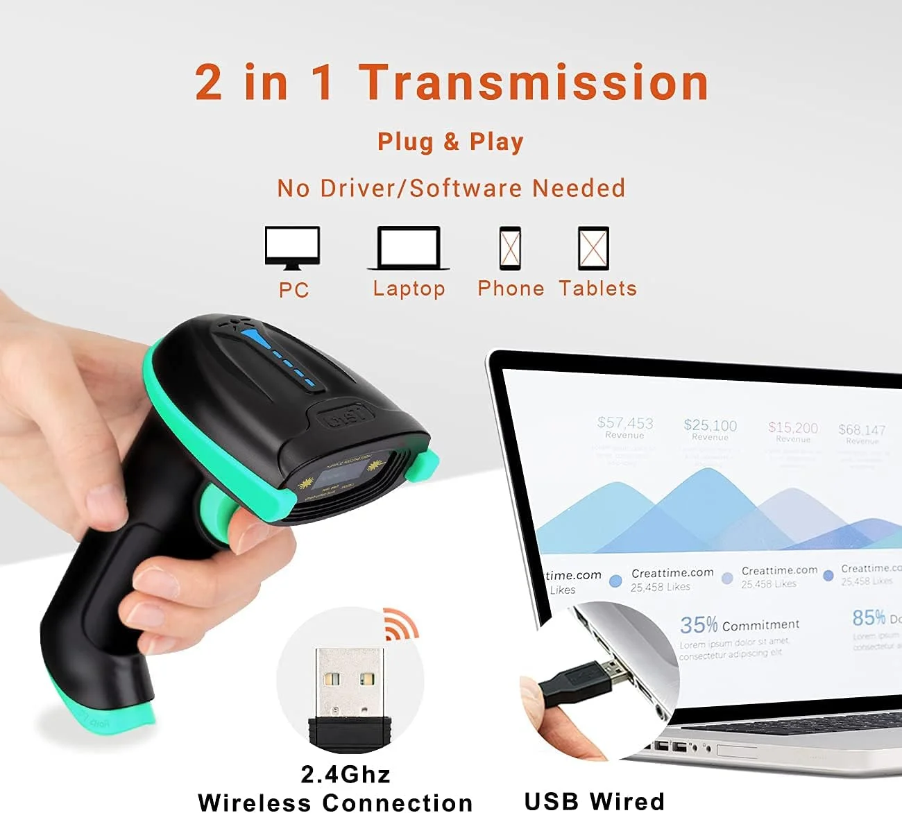 اسکنر بارکد بی سیم Tera 2-در-1 همه کاره (بی سیم 2.4 گیگاهرتز + USB 2.0 سیمی) با نشانگر سطح باتری، فاصله انتقال 328 فوت، بارکد خوان لیزری 1D قابل شارژ USB دستی (آبی) اسکنر بارکد بی سیم Tera 2-در-1 همه کاره (بی سیم 2.4 گیگاهرتز + USB 2.0 سیمی) با نشانگر سطح باتری، فاصله انتقال 328 فوت، بارکد خوان لیزری 1D قابل شارژ USB دستی (آبی)