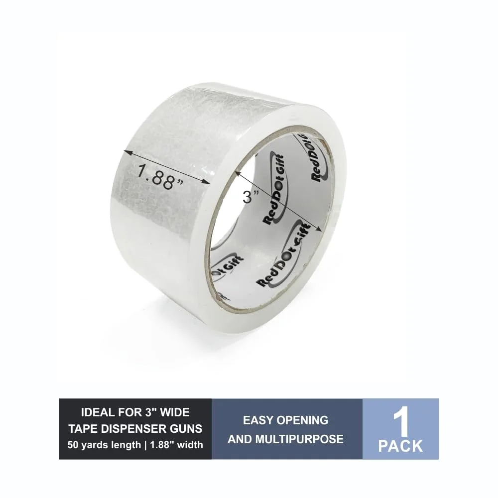 نوار چسب بسته بندی Red Dot Gift®، یک بسته، 48 میلی متر در 50 یارد، سفید-شفاف، نوار چسب بسته بندی سنگین برای حمل و نقل، بسته بندی، جابجایی، مهر و موم کردن، نوار چسب بسته بندی ضخیم تر