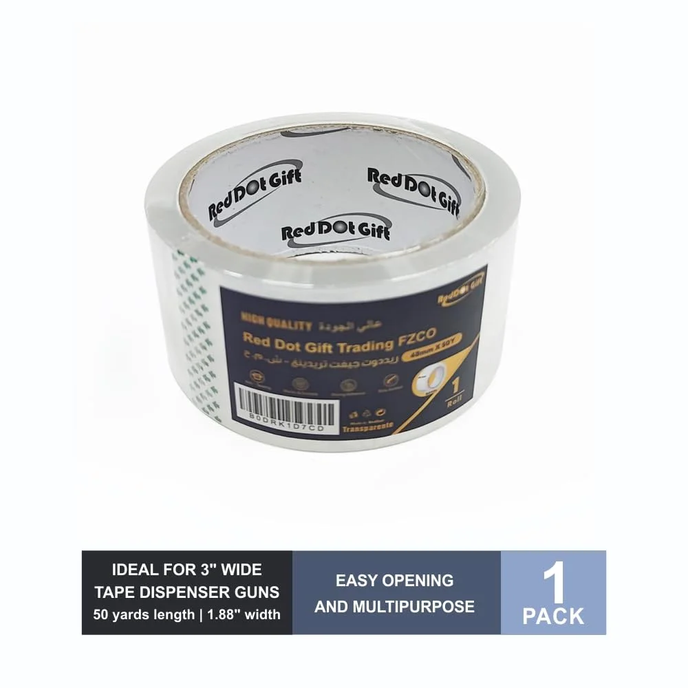 نوار چسب بسته بندی Red Dot Gift®، یک بسته، 48 میلی متر در 50 یارد، سفید-شفاف، نوار چسب بسته بندی سنگین برای حمل و نقل، بسته بندی، جابجایی، مهر و موم کردن، نوار چسب بسته بندی ضخیم تر