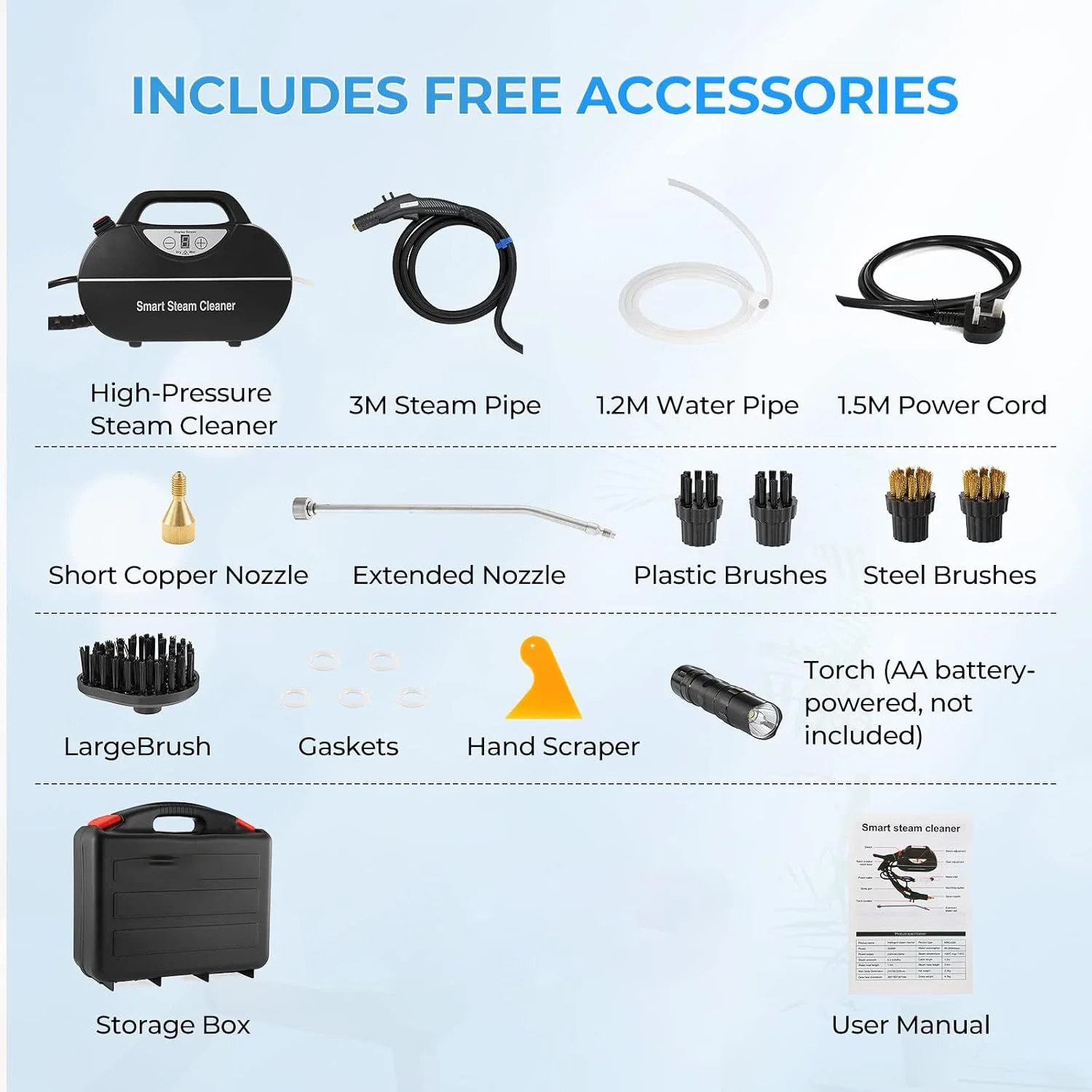 بخارشوی دستی KASTWAVE 3000W، بخارشوی پرتابل با دمای بالا به همراه 5 سری برس برای منزل، لکه بری، آشپزخانه، حمام، کاشی، و دیتیلینگ خودرو