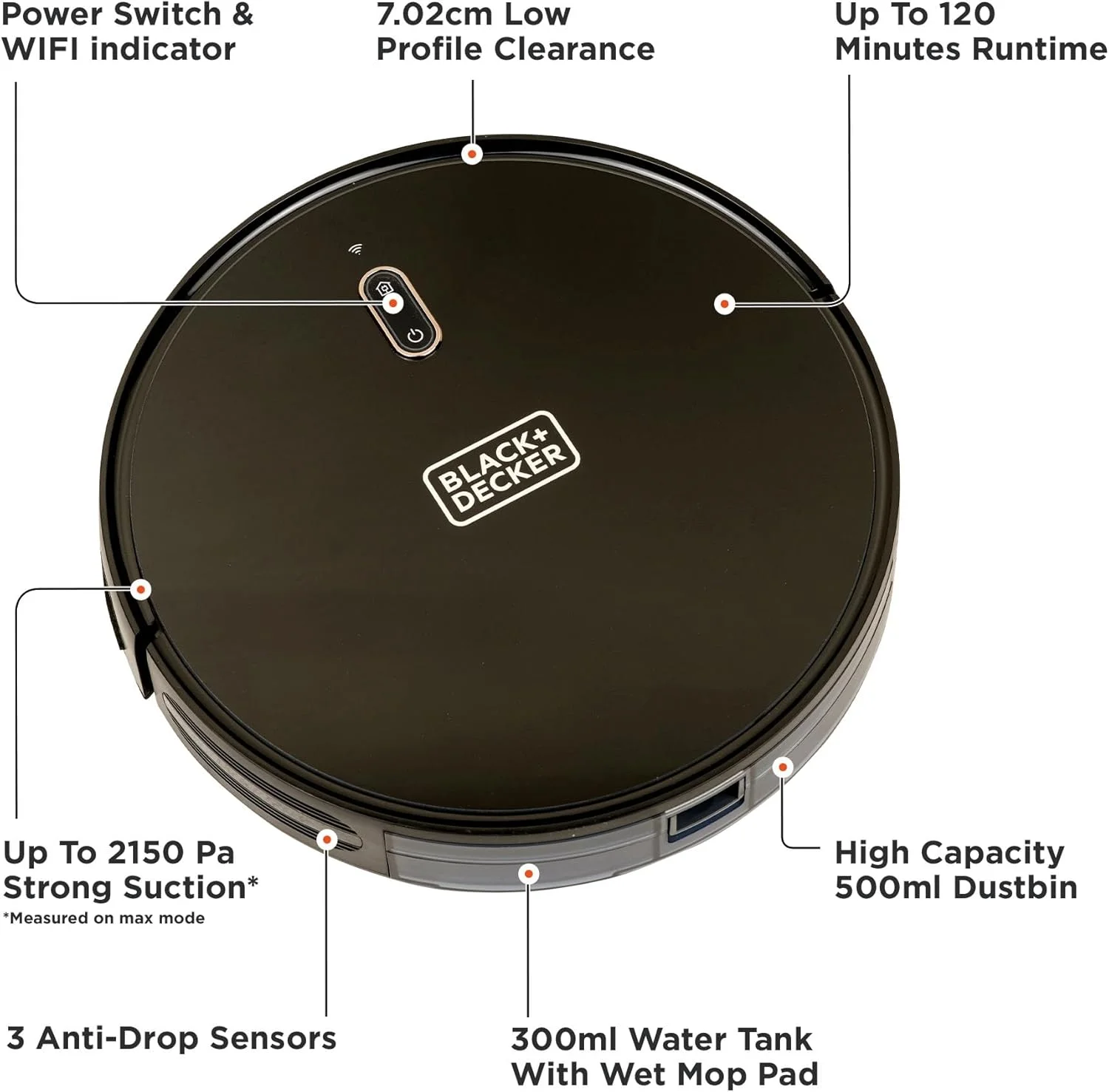 جاروبرقی رباتیک و تی شوی BLACK+DECKER، دارای قابلیت اتصال به الکسا، قدرت مکش 2150 پاسکال، 120 دقیقه زمان کارکرد، شارژ خودکار، کنترل هوشمند از طریق اپلیکیشن، نقشه برداری بصری، مشکی - BRVA425B00-B5 جاروبرقی رباتیک و تی شوی BLACK+DECKER، دارای قابلیت اتصال به الکسا، قدرت مکش 2150 پاسکال، 120 دقیقه زمان کارکرد، شارژ خودکار، کنترل هوشمند از طریق اپلیکیشن، نقشه برداری بصری، مشکی - BRVA425B00-B5