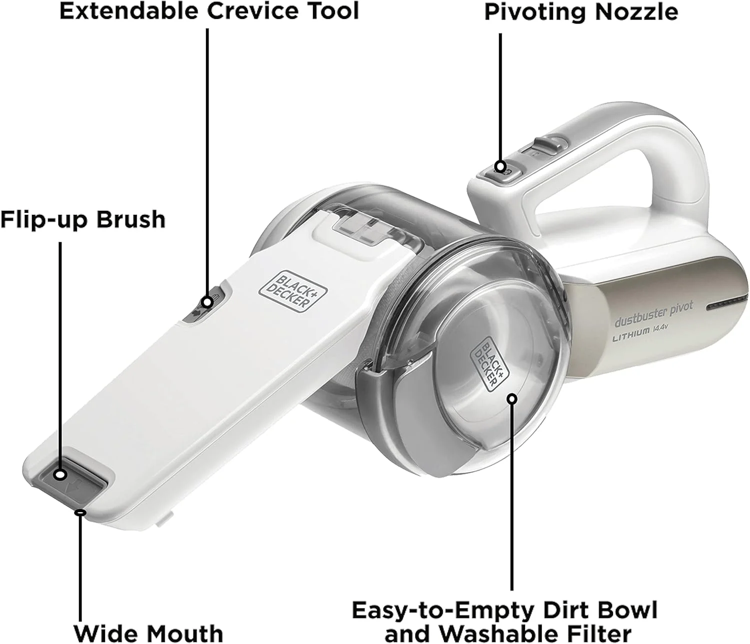 جاروبرقی دستی شارژی BLACK+DECKER، 14.4 ولت 1.5 آمپر ساعت لیتیوم-یون، 27.5 وات هوا، نازل چرخشی، جاروبرقی شارژی جمع و جور، ایده آل برای خانه و ماشین، ذخیره سازی آسان، شامپاین/سفید - PV1420L-B5 جاروبرقی دستی شارژی BLACK+DECKER، 14.4 ولت 1.5 آمپر ساعت لیتیوم-یون، 27.5 وات هوا، نازل چرخشی، جاروبرقی شارژی جمع و جور، ایده آل برای خانه و ماشین، ذخیره سازی آسان، شامپاین/سفید - PV1420L-B5