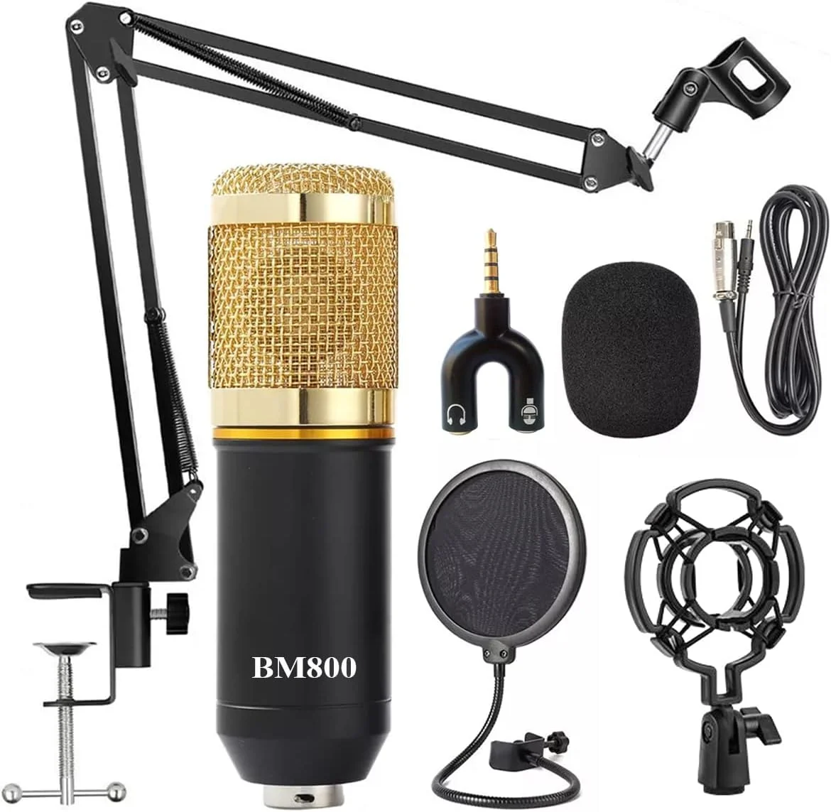 میکروفون کاندنسر DEVICE OF URBAN INFOTECH BM800 به همراه پایه میکروفون، لرزه گیر، پاپ فیلتر و فوم ضد باد برای استودیو ضبط آواز (نیاز به فانتوم پاور)