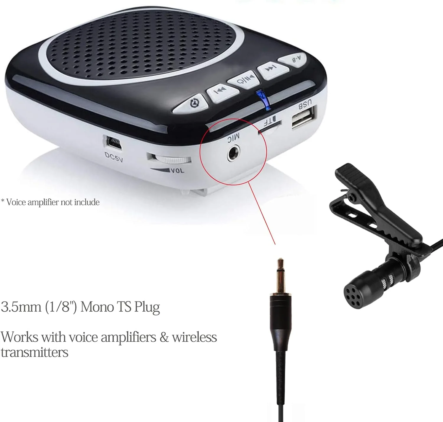 میکروفون یقه‌ای Sujeetec سازگار با آمپلی‌فایر صدای قابل حمل و فرستنده بی‌سیم - میکروفون کندانسور یک جهته - پلاگین TS مونو 3.5 میلی‌متری