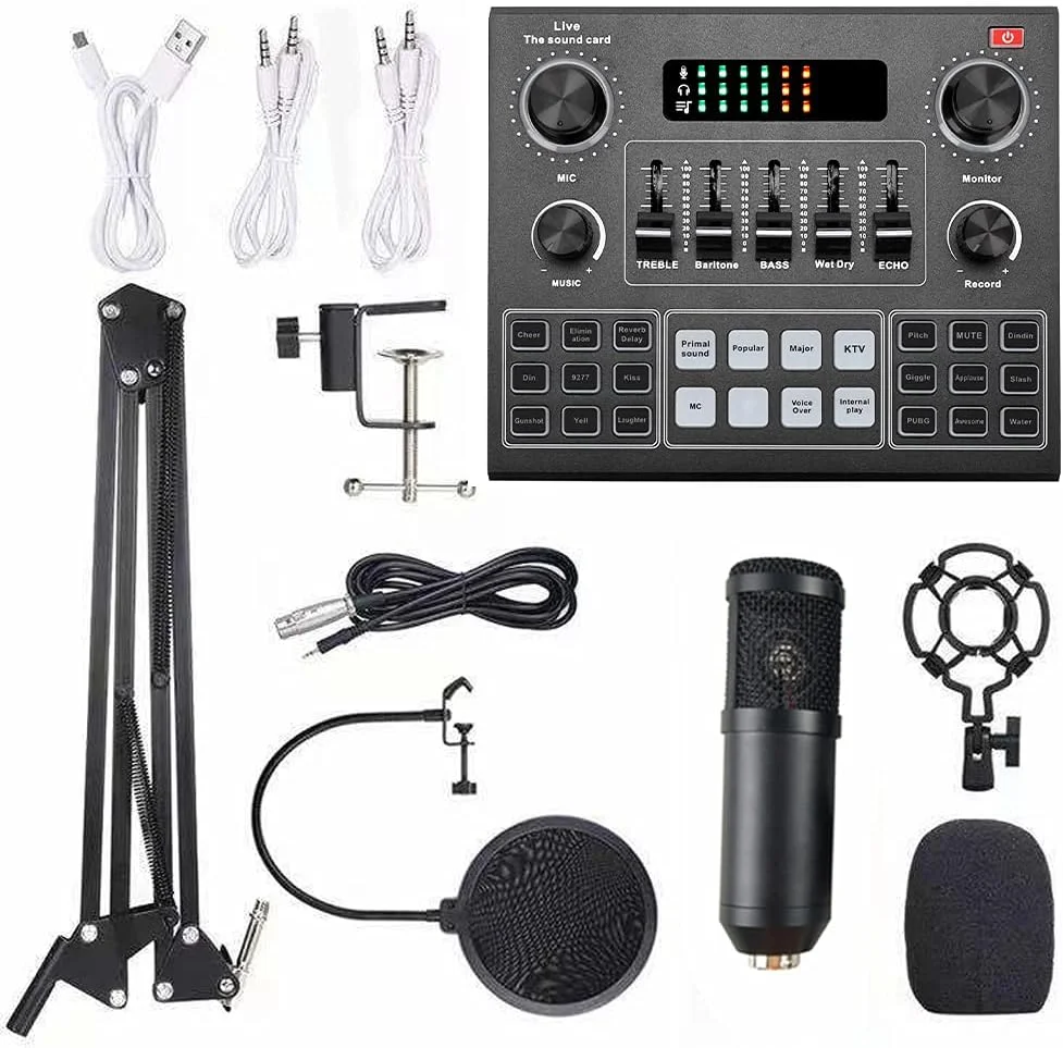 کیت کارت صدای چند منظوره V9 و میکروفون معلق BM800، مجموعه میکروفون کندانسور پخش، کارت صدای زنده هوشمند وبکست برای کامپیوتر و موبایل