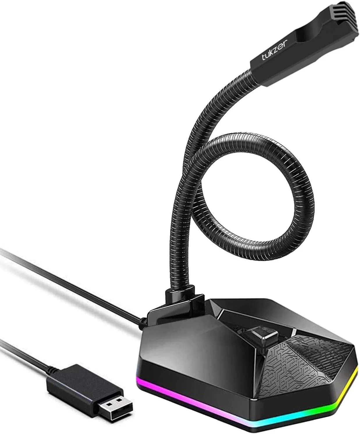 میکروفون USB کامپیوتر Tukzer، میکروفون RGB، کندانسور چند جهته با قابلیت حذف نویز به همراه دکمه روشن/خاموش، میکروفون رومیزی لپ تاپ Plug & Play، برای ویندوز/مک/پادکست/بازی/یوتیوب/زوم/اسکایپ/ضبط صدا