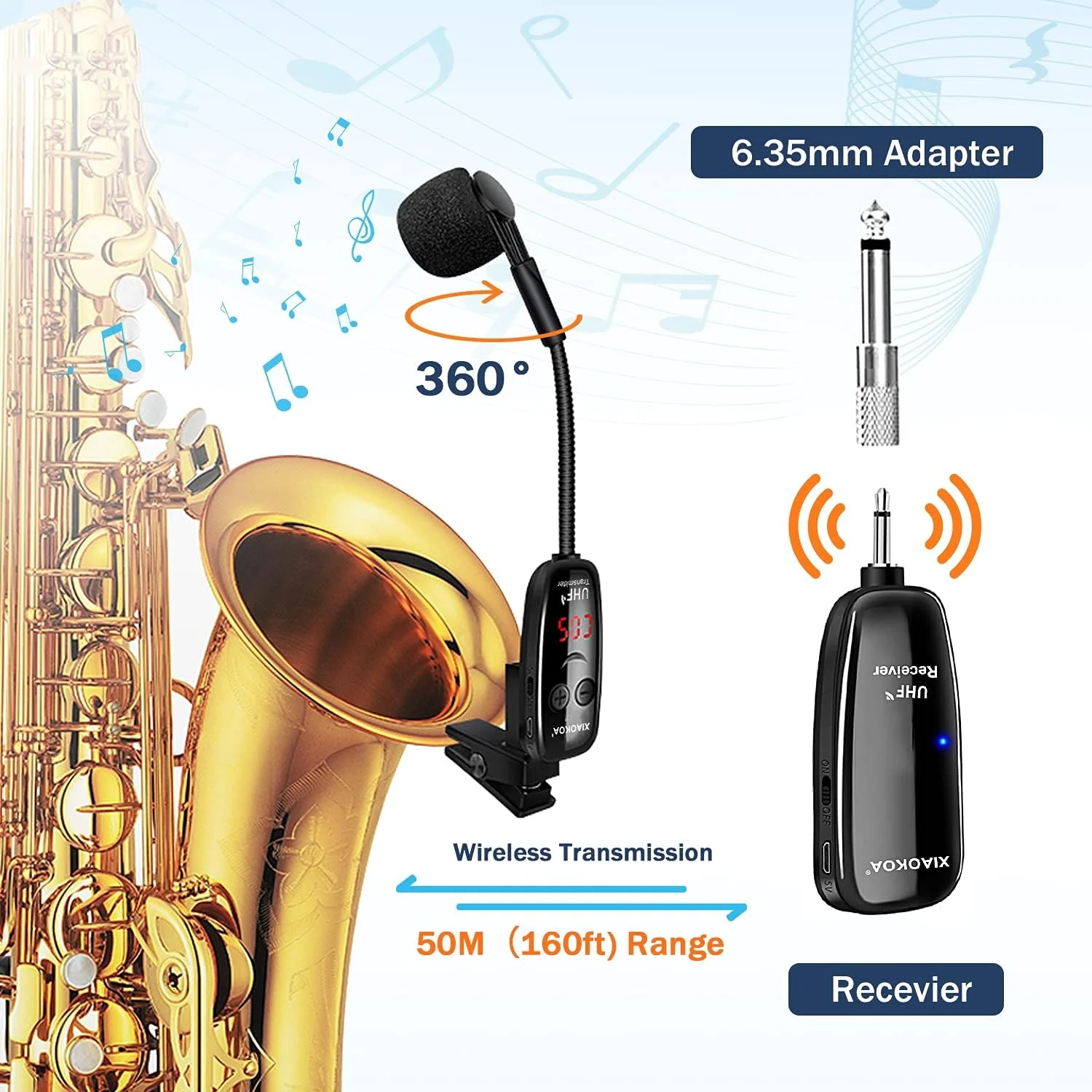 میکروفون بی سیم سازهای موسیقی XIAOKOA UHF، میکروفون ساکسیفون، گیرنده و فرستنده بی سیم، برد 50 متر، اتصال آسان، مناسب برای ترومپت، کلارینت، ویولن سل میکروفون بی سیم سازهای موسیقی XIAOKOA UHF، میکروفون ساکسیفون، گیرنده و فرستنده بی سیم، برد 50 متر، اتصال آسان، مناسب برای ترومپت، کلارینت، ویولن سل