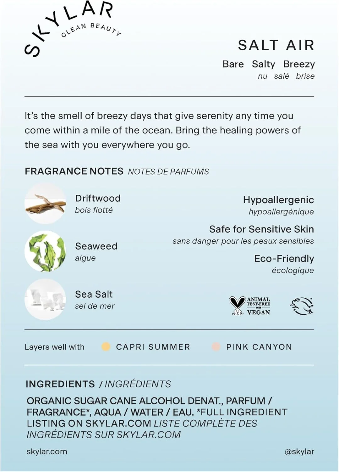 ادو پرفیوم Skylar Salt Air - عطر ضد حساسیت و پاک برای زنان و مردان، وگان و ایمن برای پوست های حساس - عطر تازه با رایحه های چوب خیس خورده، نمک دریا و جلبک دریایی - 50 میلی لیتر / 1.7 fl oz ادو پرفیوم Skylar Salt Air - عطر ضد حساسیت و پاک برای زنان و مردان، وگان و ایمن برای پوست های حساس - عطر تازه با رایحه های چوب خیس خورده، نمک دریا و جلبک دریایی - 50 میلی لیتر / 1.7 fl oz