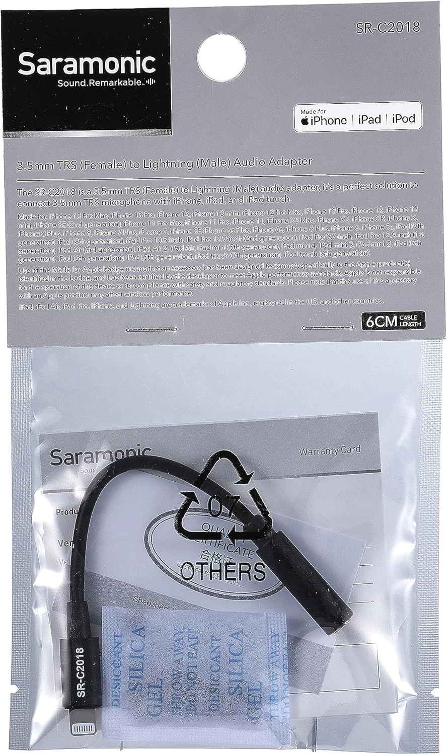 کابل آداپتور میکروفون و صدا سارامونیک SR-C2018 با روکش طلای کوتاه، مادگی 3.5 میلی‌متری TRS به نری لایتنینگ برای آیفون و آیپد اپل با لایتنینگ