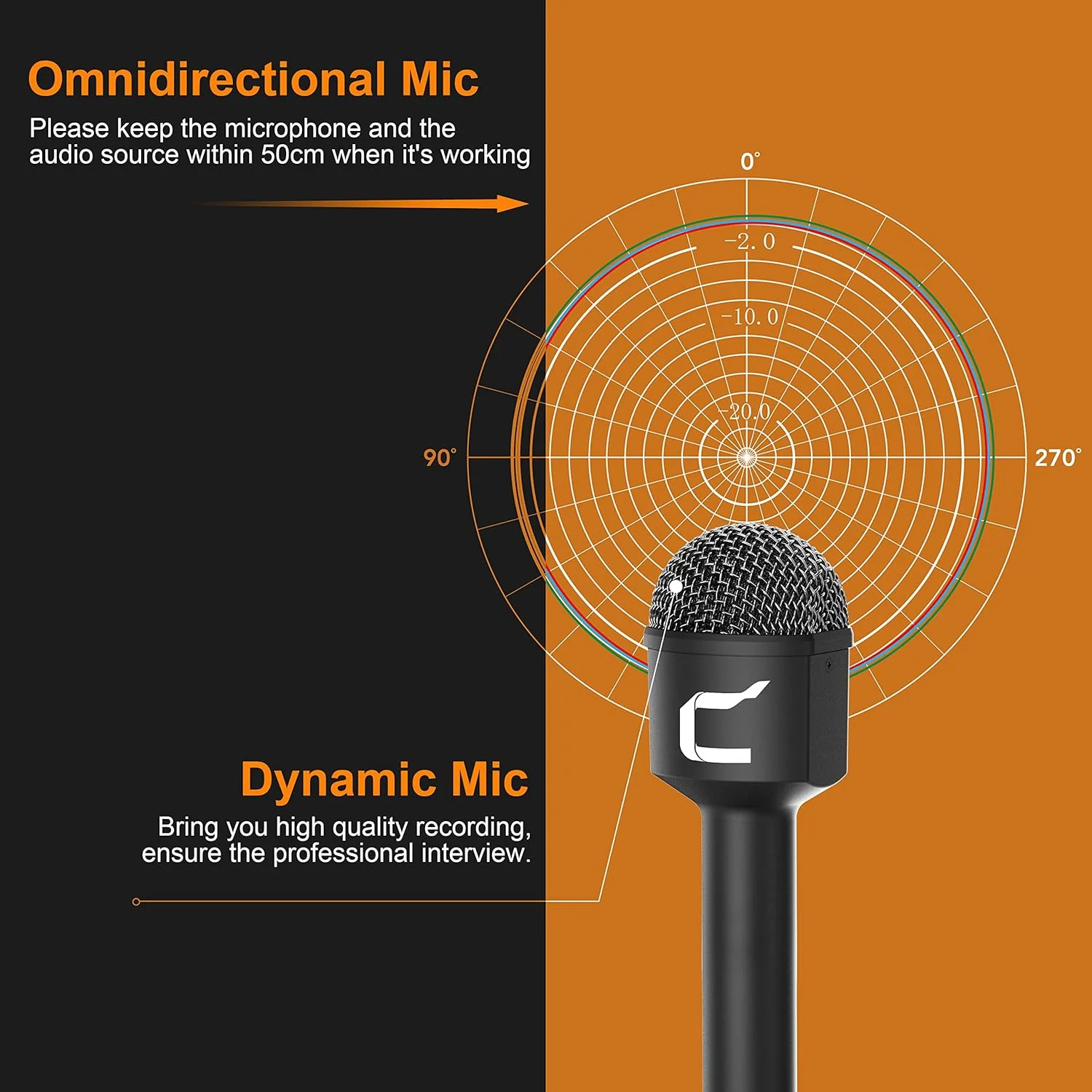 میکروفون دستی مصاحبه COMICA HRM-C، میکروفون دینامیک همه جهته با کابل XLR، میکروفون وکال برای ضبط، سخنرانی، استیج، ارائه، کنفرانس - ایده آل برای دوربین های فیلمبرداری، دوربین های DSLR
